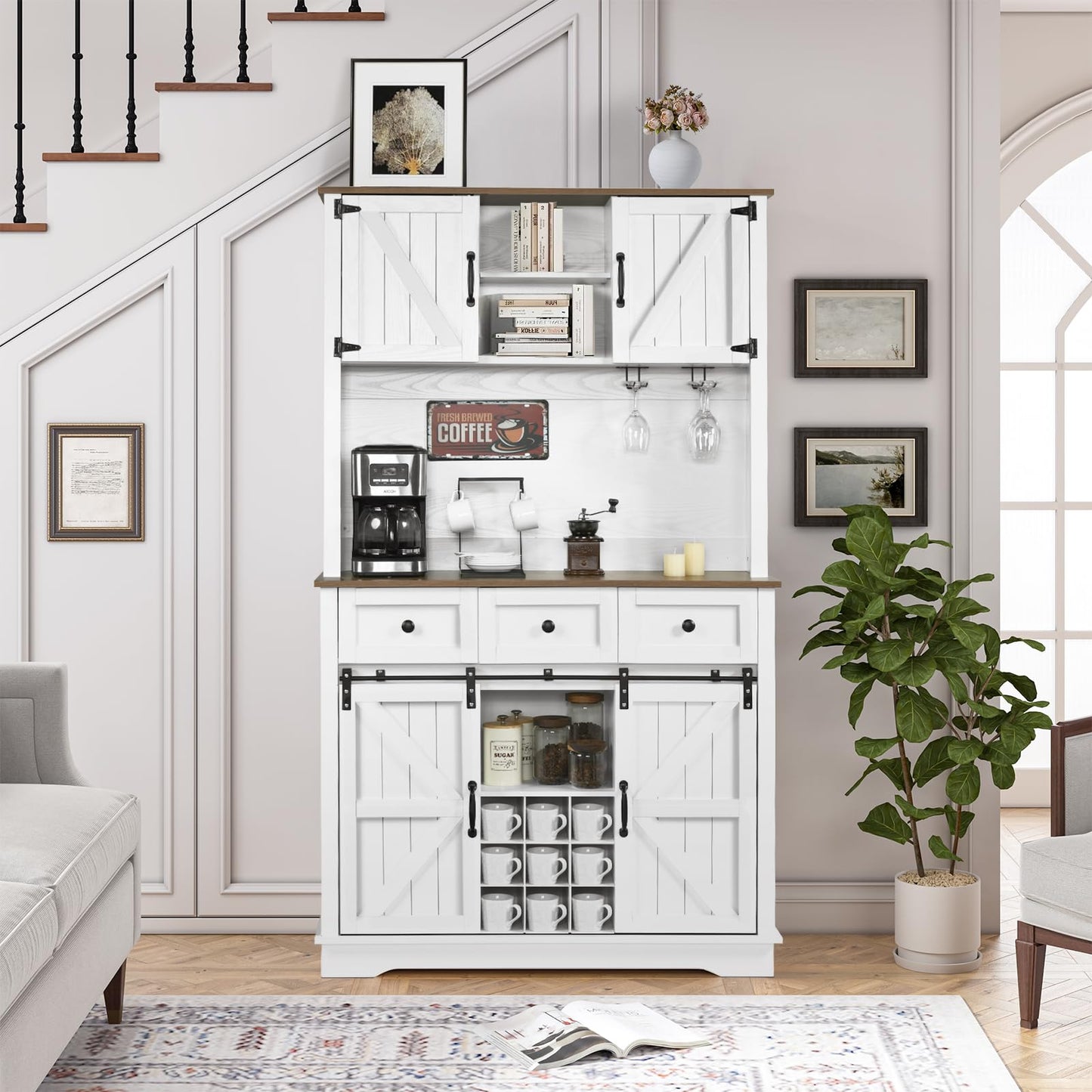 72" Farmhosue Coffee Bar Cabinet with Storage Shelves and 3 Drawers, Kitchen Hutch Storage Cabinet with Sliding Barn Door & Wine Racks & Wine Glass Holder, Bar Cabinets for Home/Living Room, White
