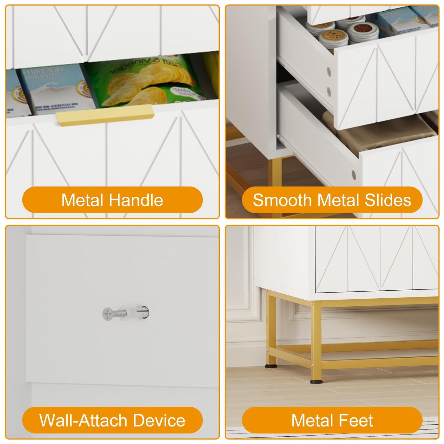 6 Drawer Dresser for Bedroom with Metal Legs, Storage Chest Cabinet Organizer for Living Room,Hallway,Entryway - White
