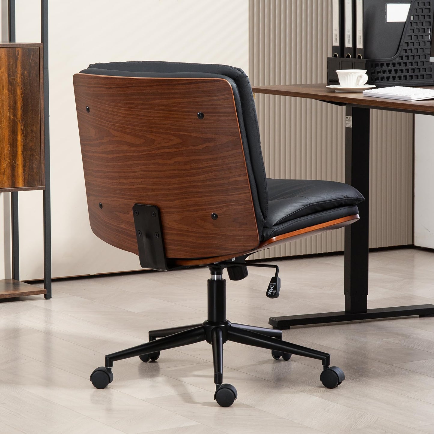 WQSLHX Office Chair, Criss Cross Legged Office Desk Chairs with Wheels, PU Leather Adjustable Swivel Walnut Task Chair with Wide Seat, Ergonomic Mid Back Computer Chair for Meeting Room, Home