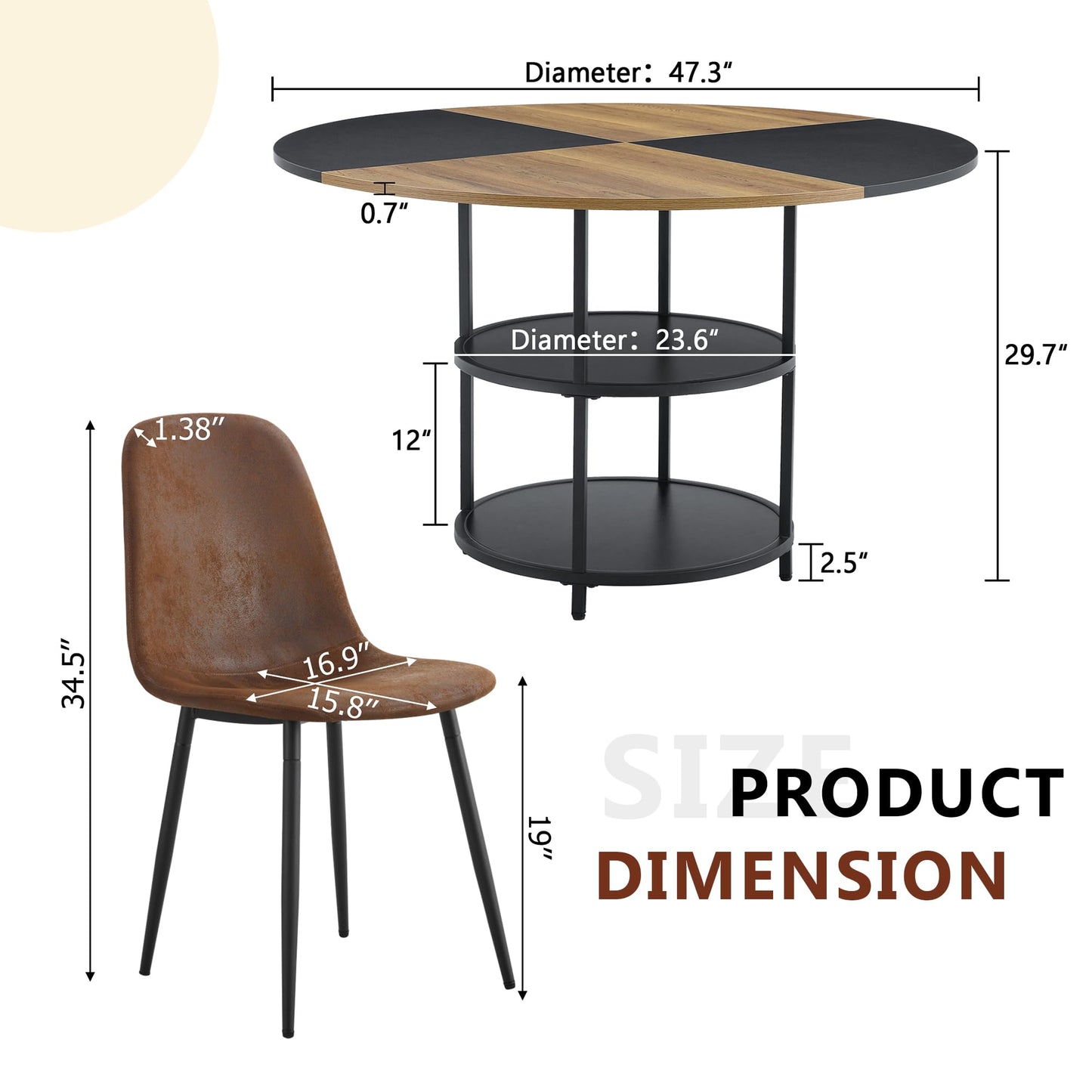 Vohuai Round Dining Table Set for 4,47.3''Wood Dining Room Table Set with 4 Upholstered Chairs,Round Color Blocked Tabletop with 2-Layer Storage Shelf,5 Piece Dinner Table Set for Kitchen Dining Room