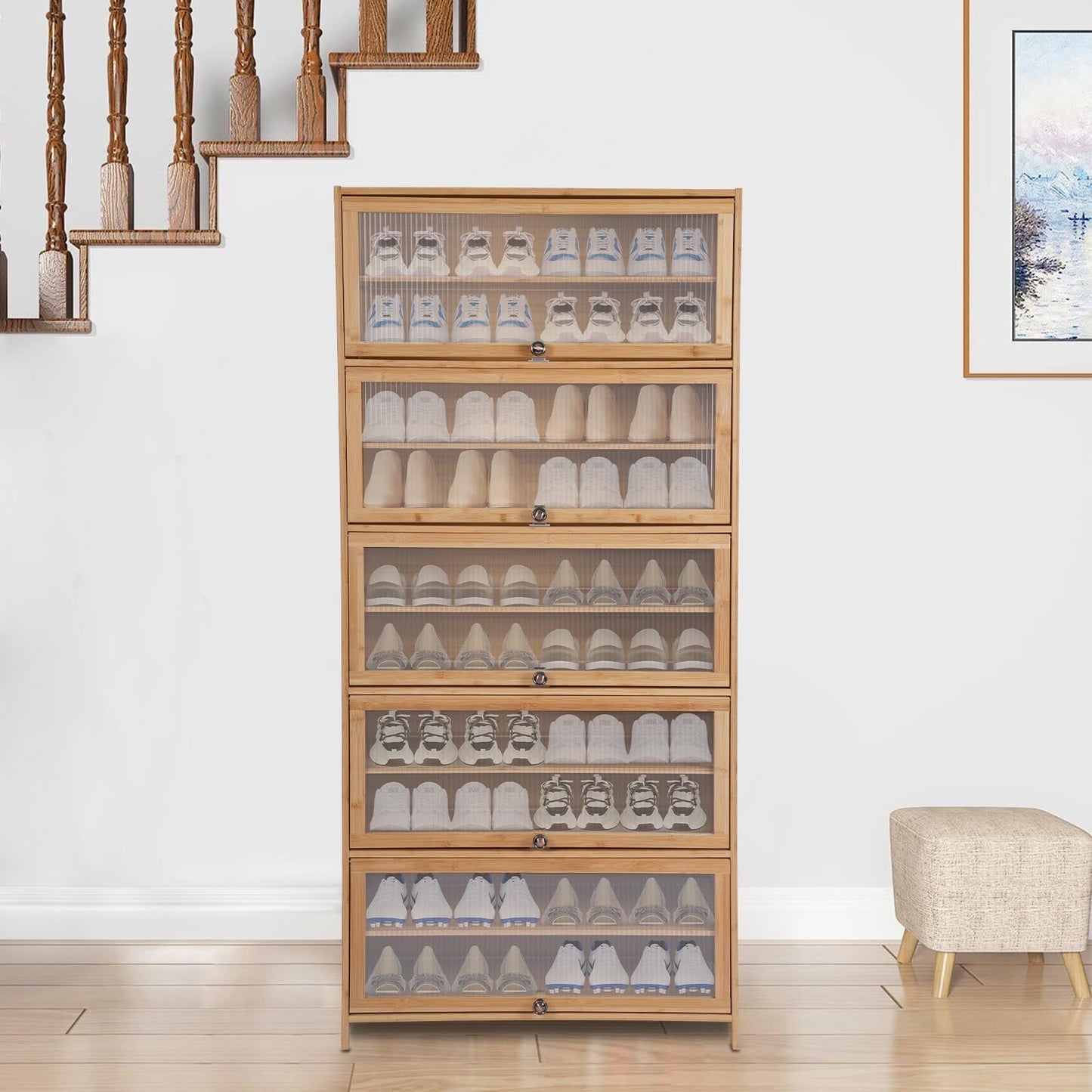 Weglae 10 Tiers Shoe Storage Cabinet,Bamboo Shoes Shelf Organizer,Shoe Rack with Transparent Acrylic Cabinet Door,Free Standing Shoes Shelf for Entryway Bedroom,31.5 * 12.6in,Brown (Brown)
