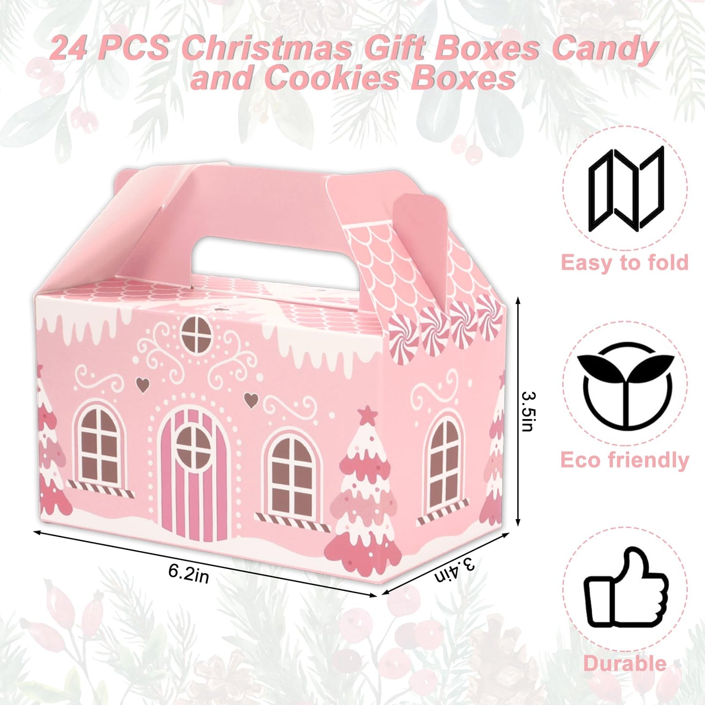 Whaline 24Pcs Christmas Treat Boxes with Handles Pink Gingerbread House Goodie Candy Bags Xmas Gable Paper Gift Containers for Cookie Snack Present Party Favor Supplies, 4 Designs