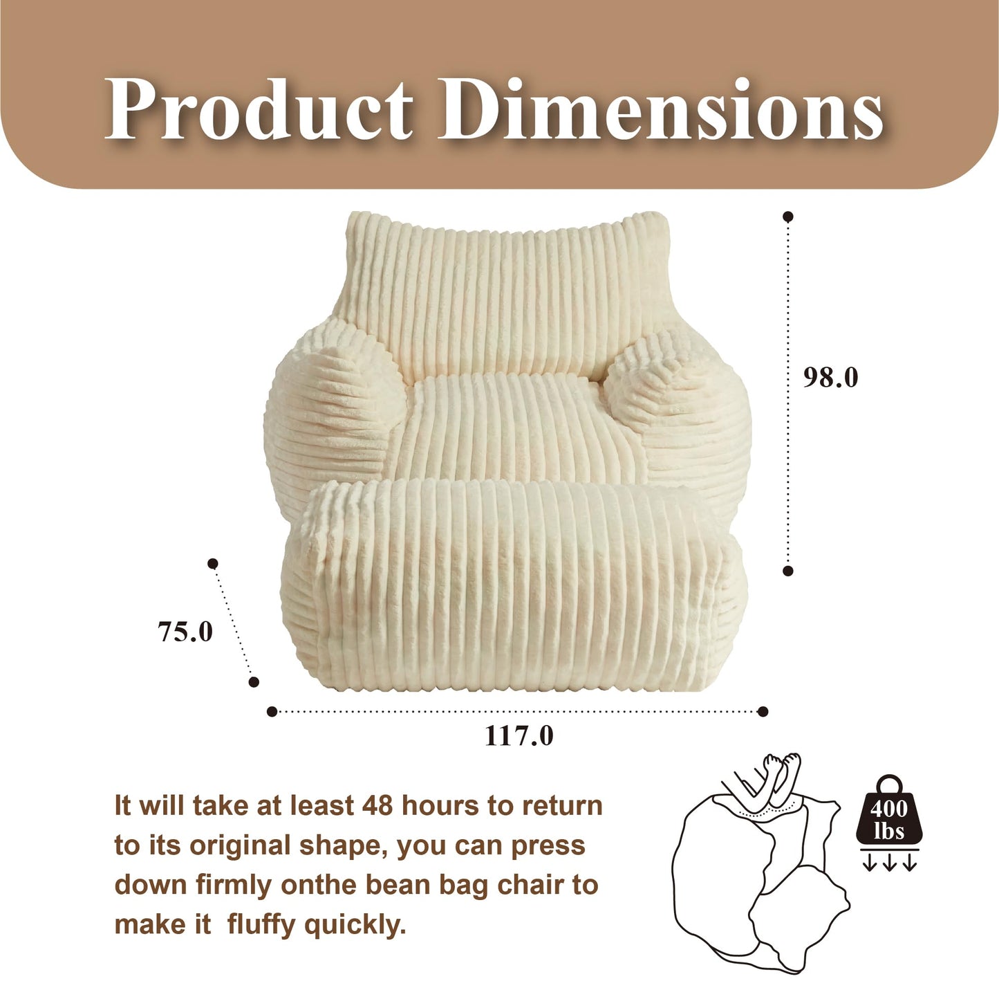 XOFUGEM Premium Beige Bean Bag Chair for Adults with Armrest- Ultra Plush Memory Foam Lounge Sofa & Comfy Reading Nook Chair for Bedroom, Living Room & Dorm (White, with Footrest)
