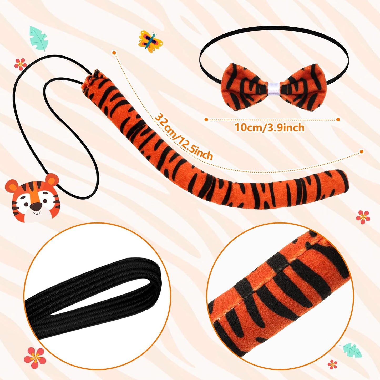 XEPST Animal Tiger Costume Set, Tiger Ears and Tail Set with Ears Headband Tail Nose Bowtie for Animal Costume Cosplay Birthday Party Halloween Fancy Dress Party Supplies, B