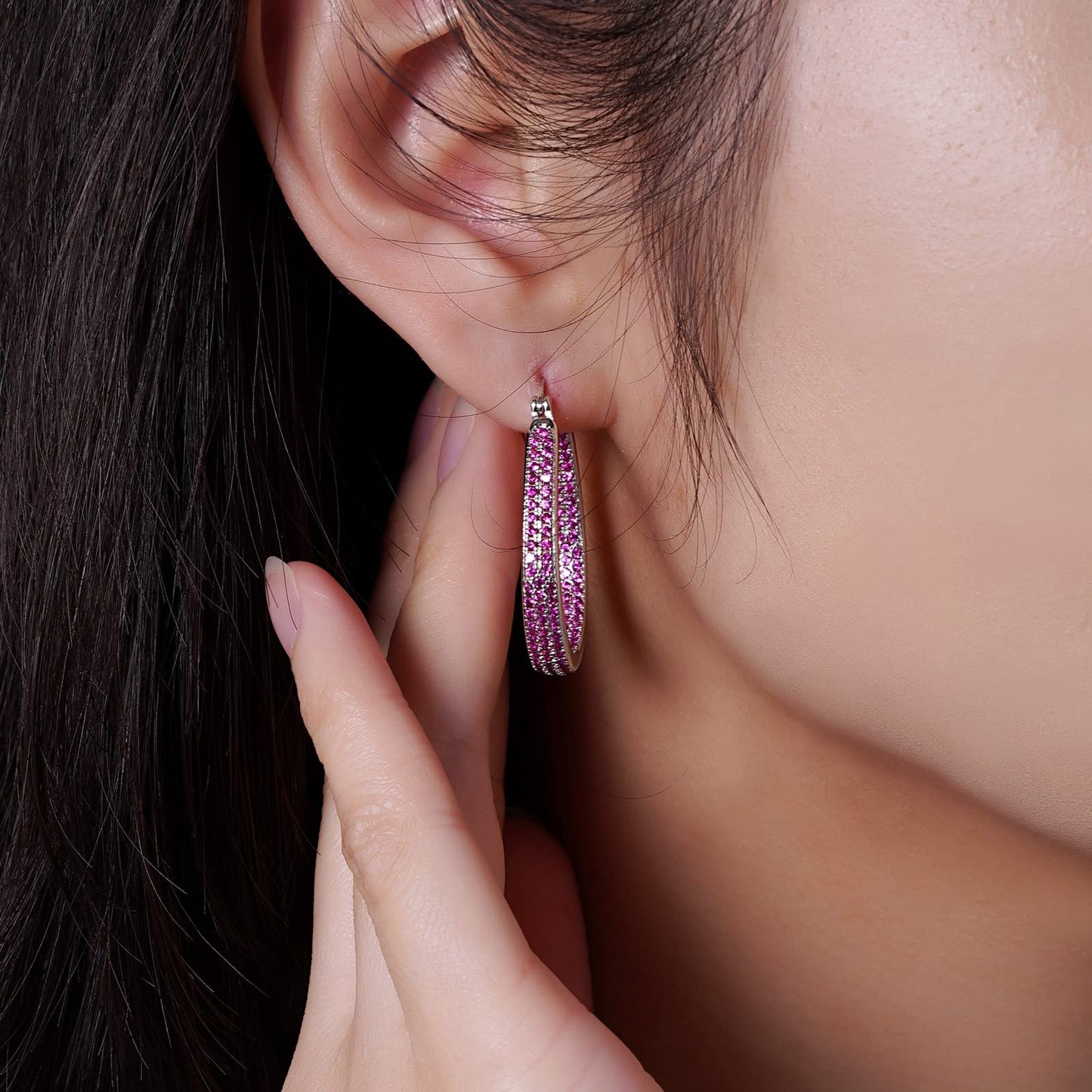 925 Sterling Silver Post Hoop Earrings for Women Gilrs royal Red Cubic Zirconia Oval Chunky Sterling Silver Hoop Earrings weinuo Jewelry