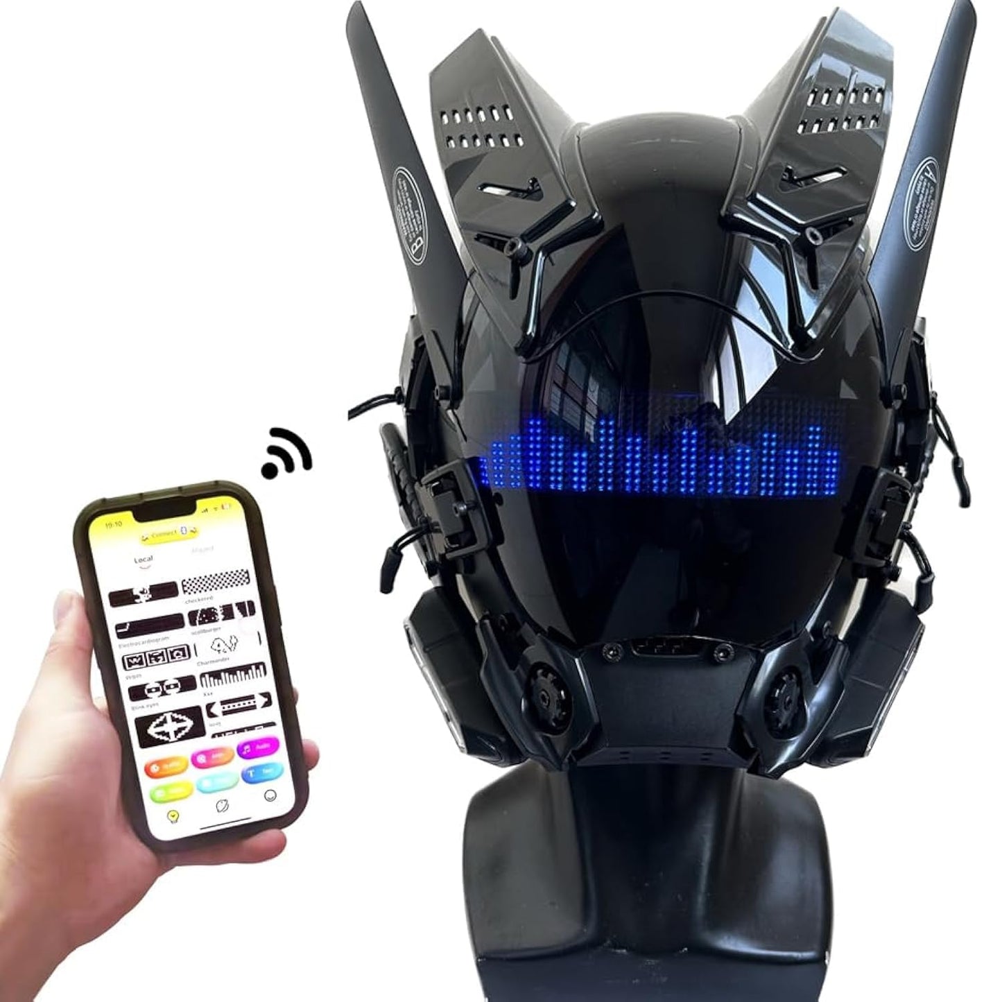 WKYBHUD Cyberpunk LED Mask - Bluetooth Control, Customizable Display, USB Rechargeable for Nightclub, Festivals, Raves, Christmas, Cosplay (Blue)