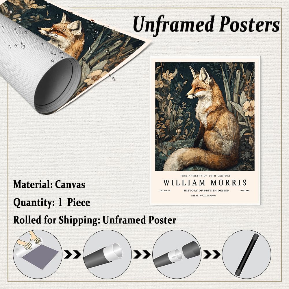 William Morris Style Fox Canvas Print Victorian Animal Portrait Wall Art Botanical Dark Nature Poster for Study Living Room or Rustic Home Decor-11x14Inch Ready to Hang (Unframed)