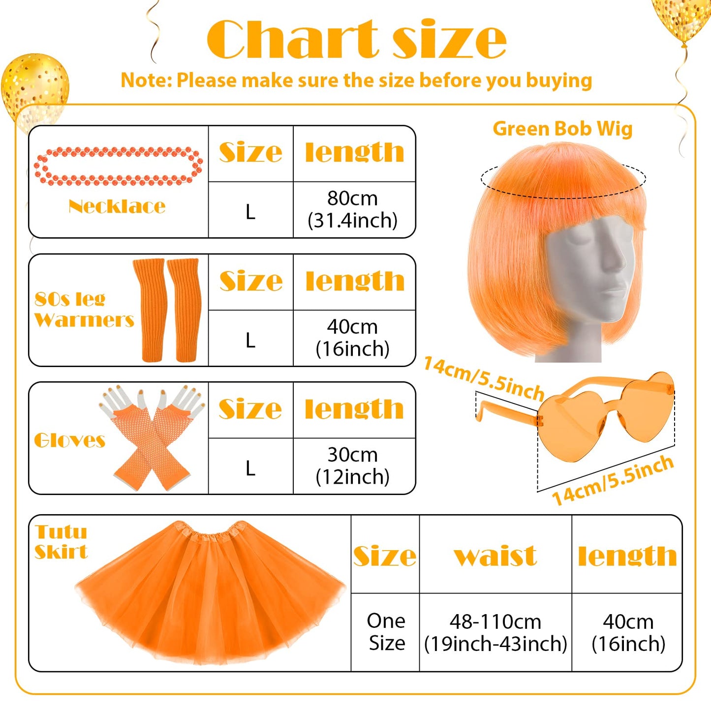 80s Women Costume Accessories Set 6 Pcs Neon Tutu Bob Wig Leg Warmers Fishnet Gloves Necklace Sunglasses for 80s Party (Orange,One Size)