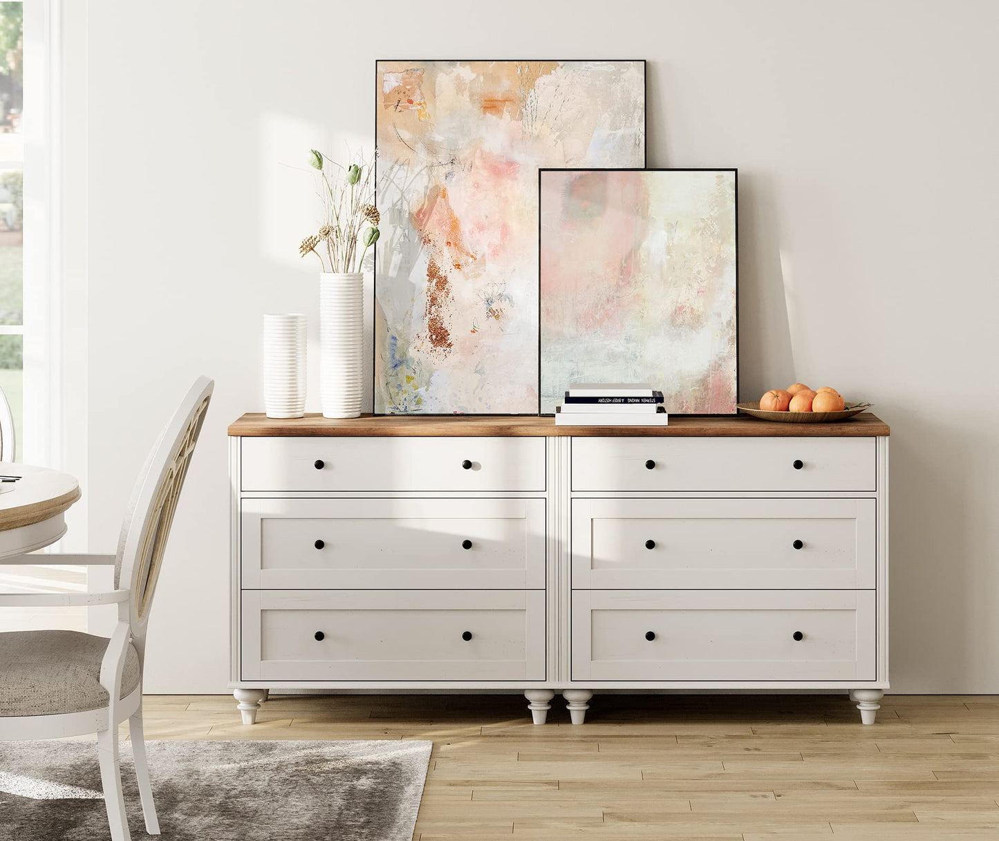 WAMPAT Dresser for Bedroom with 6 Drawers, White Dressers with Wide Chest of Drawers, Mid Century Modern Wooden Closet Storage Organizer, Large Kids Dressers for Living Room, Nursery, Hallway