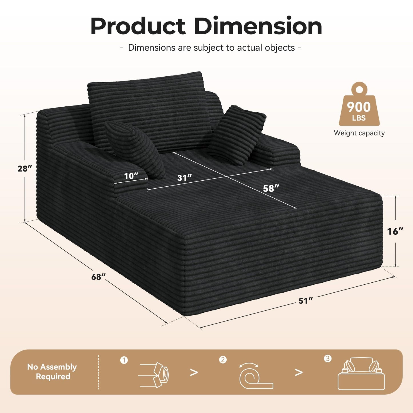 51'' Oversized Chaise Lounge Chair Indoor, Non-Assembly Deep Seat Sofa Bed Corduroy Sleeper Cloud Couch with 2pcs Pillows for Reading Living Room-Black