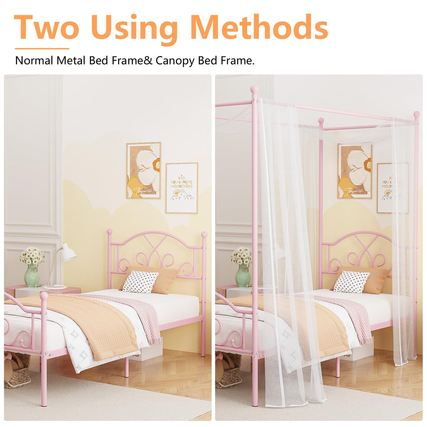 Weehom Princess Canopy Bed Frame with 4 Posters, Sturdy Metal Platform Mattress Foundation with Headboard&Footboard No Box Spring Needed Twin Size Bed for Kids Girls Adults Pink