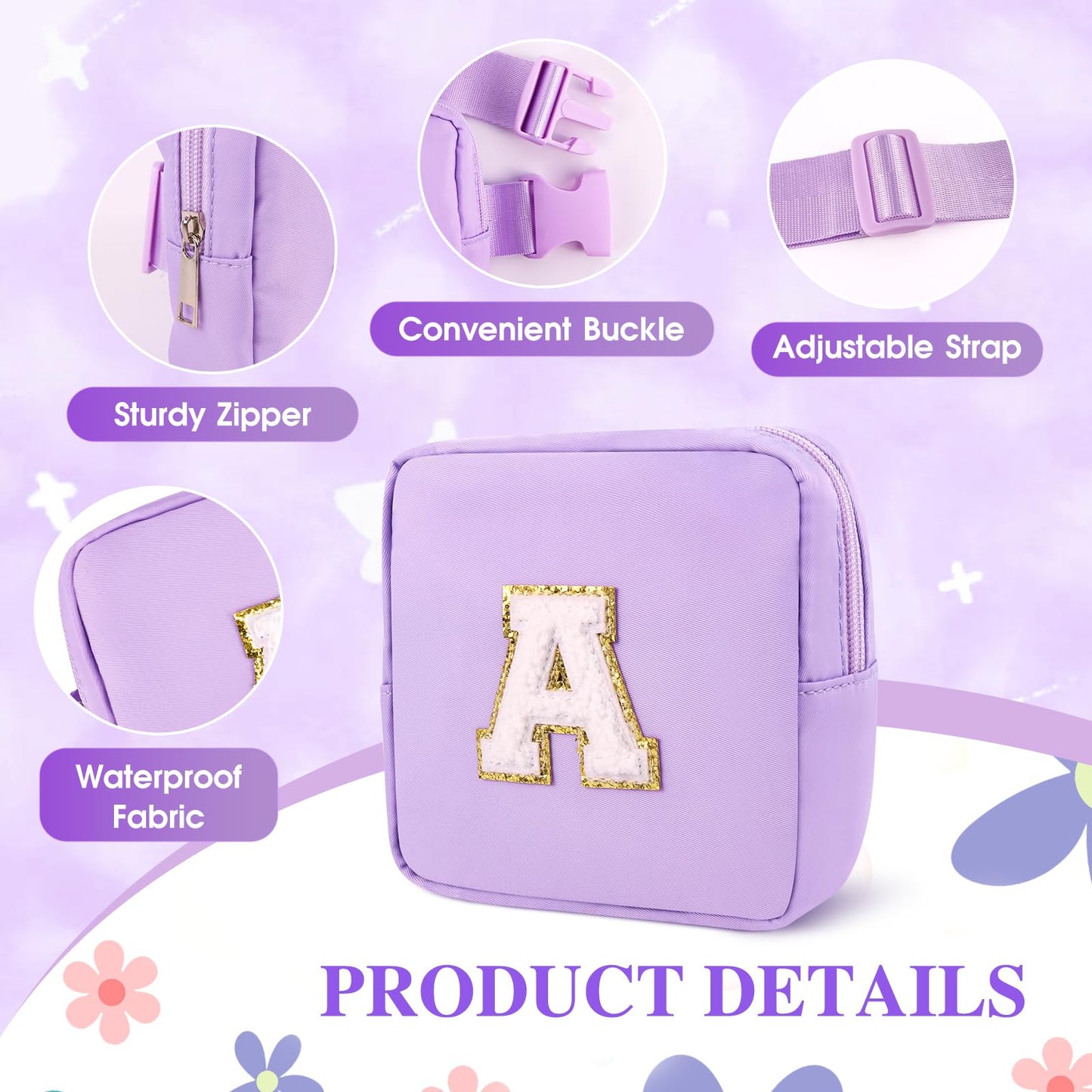 WINOWIMO Personalized Mini Fanny Pack for Kids with Sunglasses & Cute Keychain, Small Initial Belt Crossbody Bag Purse for Teen Girls, Birthday Gifts for 3 4 5 6 7 8 9 10 Years Old Kid (A, Purple)