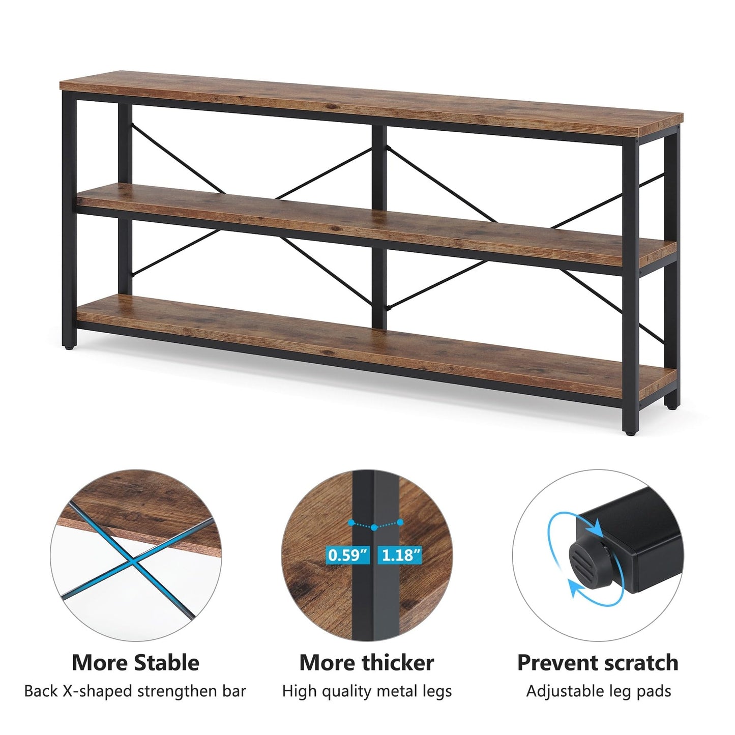 70.8" Extra Long Narrow Console Table Sofa Table Entryway Table with 3 Tiers Storage Shelves Rustic Brown Rustic, Vintage