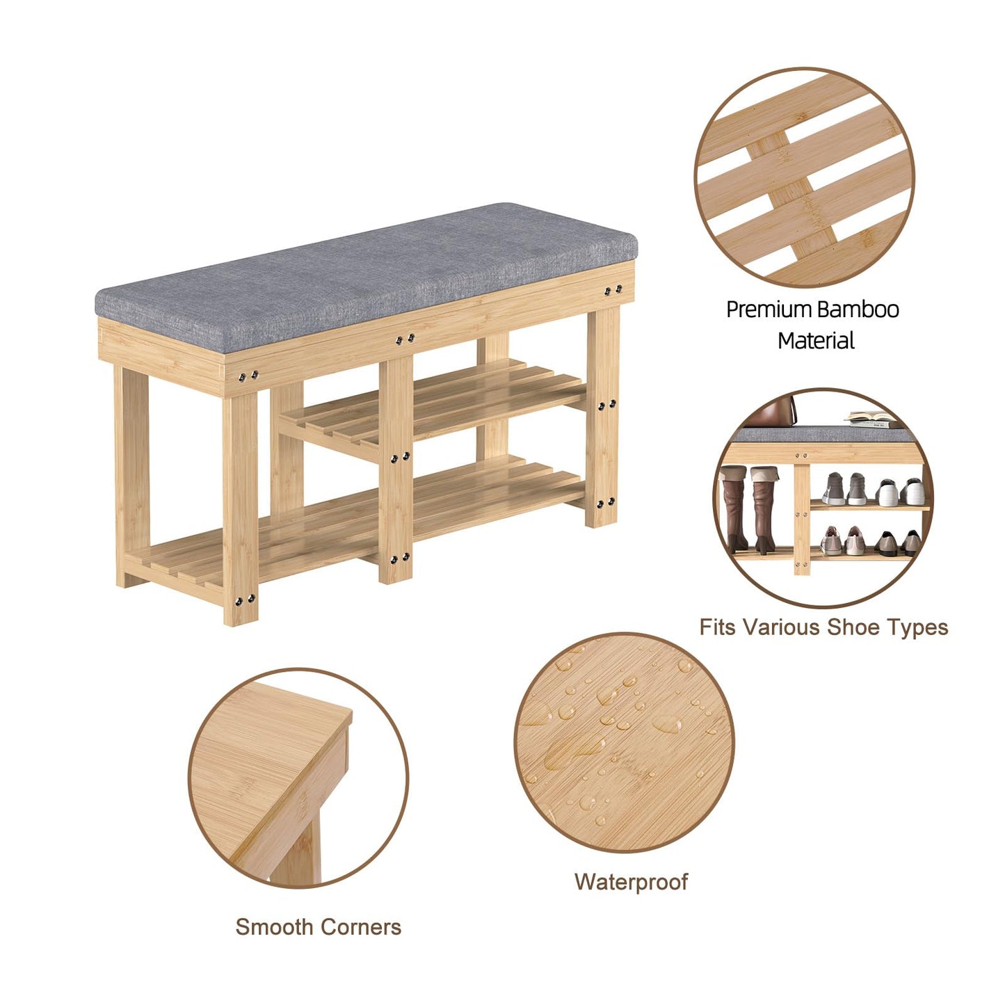 Xdwwhome Bamboo Shoe Bench, 2 Tier Storage Benches with Seat, Shoe Shelf with Cushion, Modern Entryway Bench for Living Room Bedroom Hallway Bathroom Garden, Capacity 330 lbs, Natural