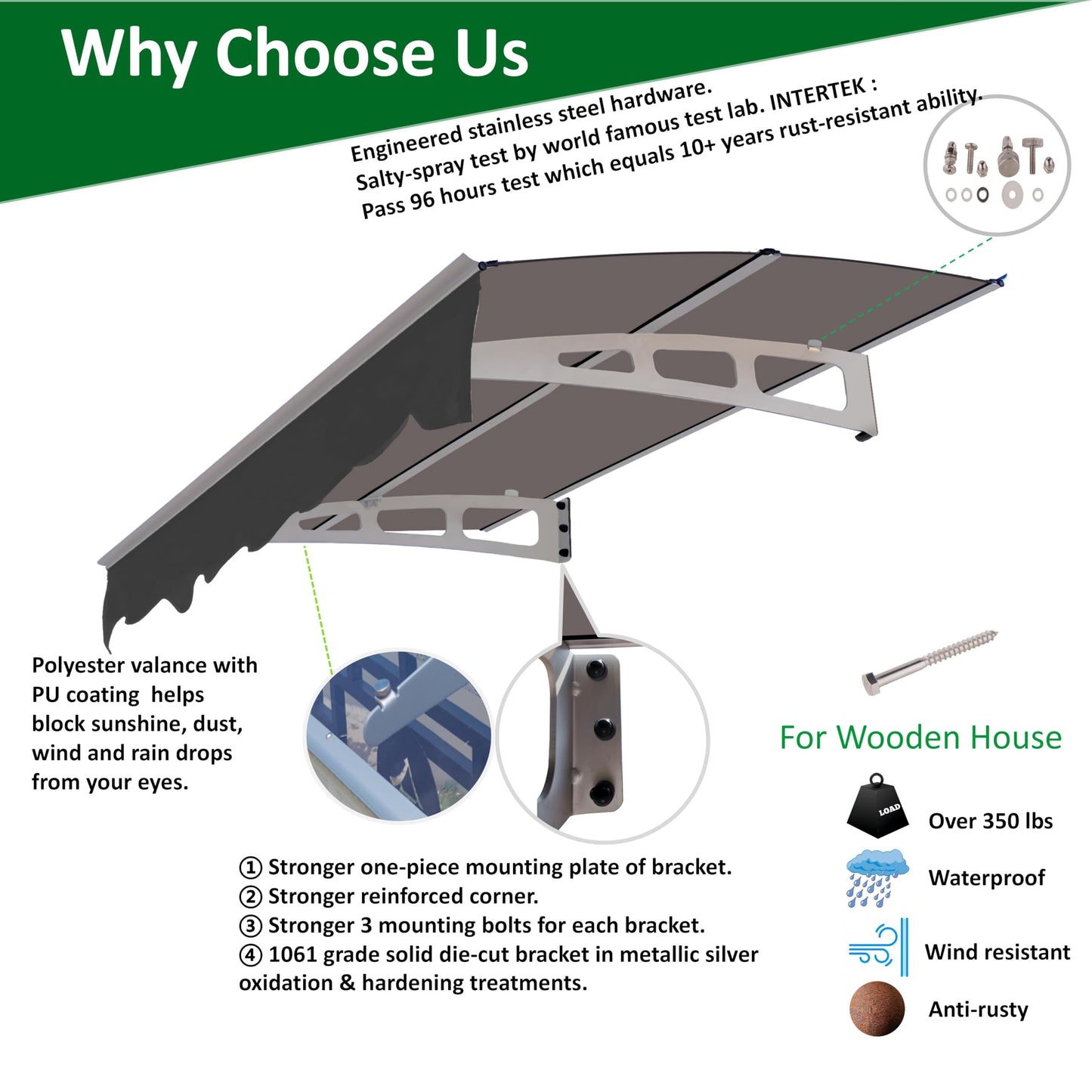 59"x34" Awning for Door Entrance, Solid Polycarbonate Window Door Awnings Exterior with Aluminum Brackets and Valance, Entry Door Awning Canopy for for Wooden Wall House, Brown