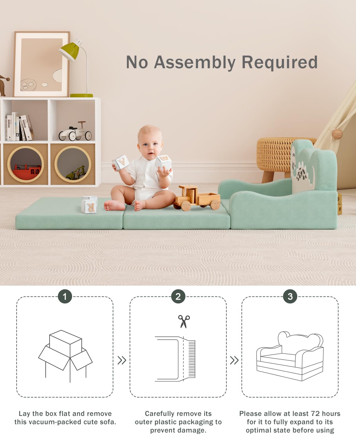 YACODAVO 2-in-1 Kids Couch Fold Out, Convertible Toddler Couch to Lounger, Toddler Chair Comfy, Kids Sofa for Girls and Boys, Gift for Birthday, Children's Day, Dinosaur Green