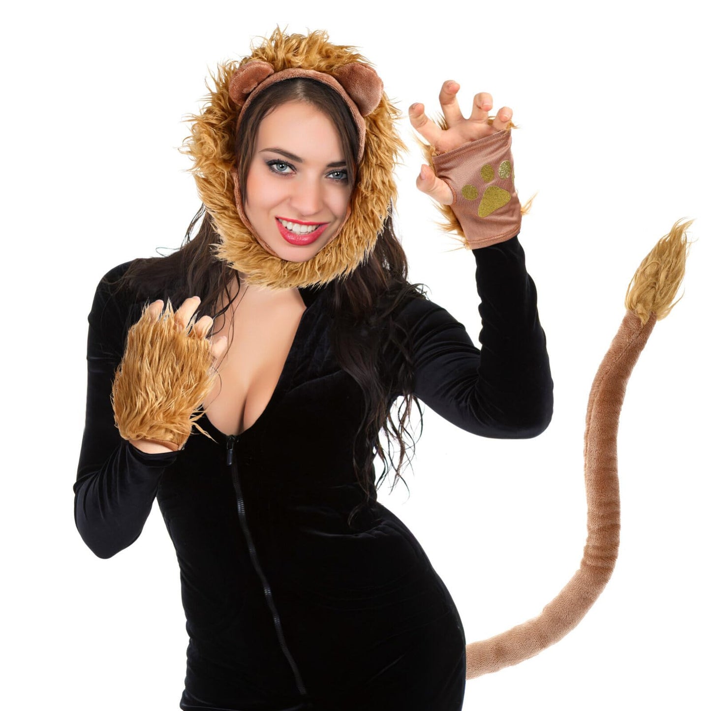 Abaodam Lion Costume Adult 1 Set Animal Costume Lion Paws Fingerless Gloves Ear Headband Ears Headband Ears Paw Gloves Fake Tail Makeup Halloween