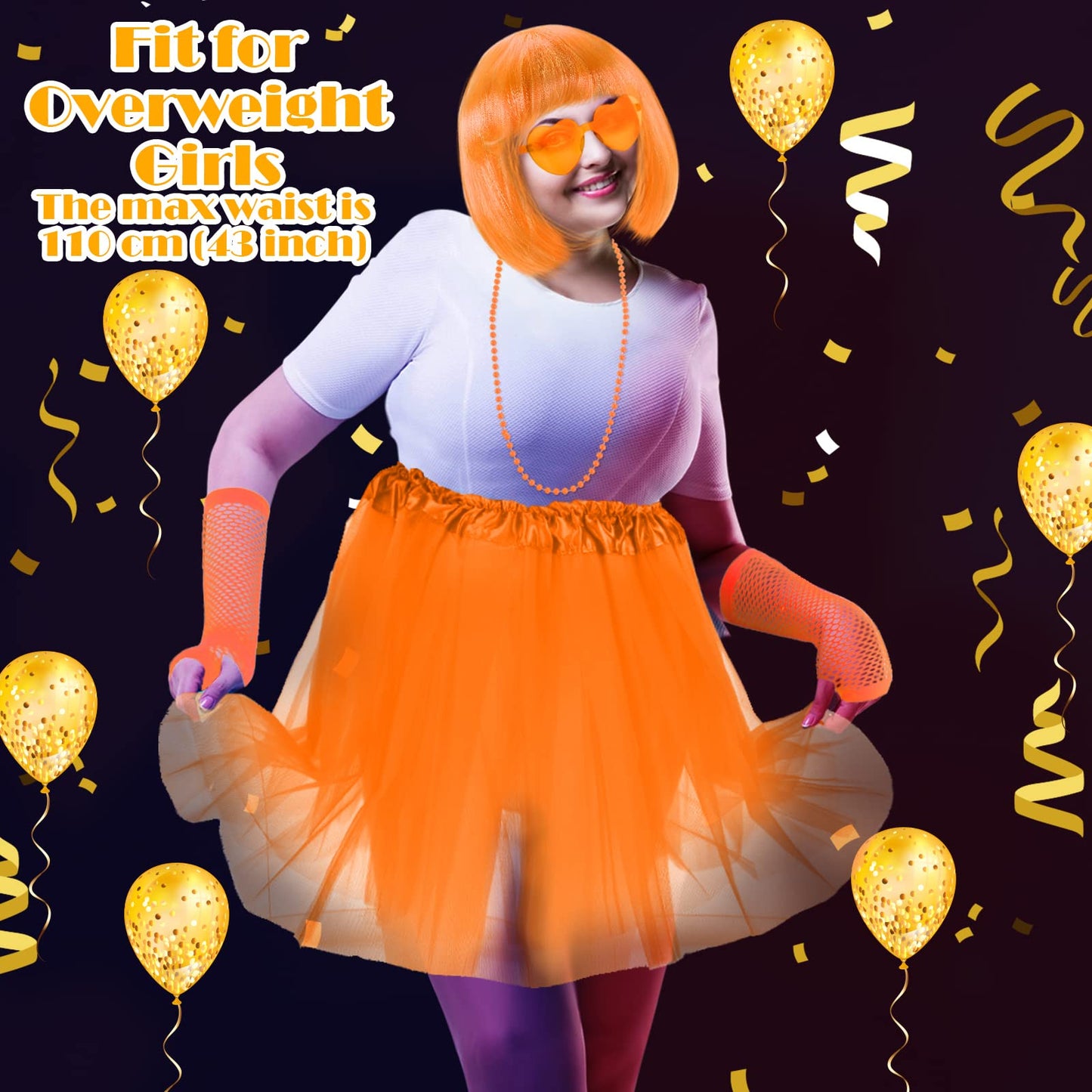 80s Women Costume Accessories Set 6 Pcs Neon Tutu Bob Wig Leg Warmers Fishnet Gloves Necklace Sunglasses for 80s Party (Orange,One Size)