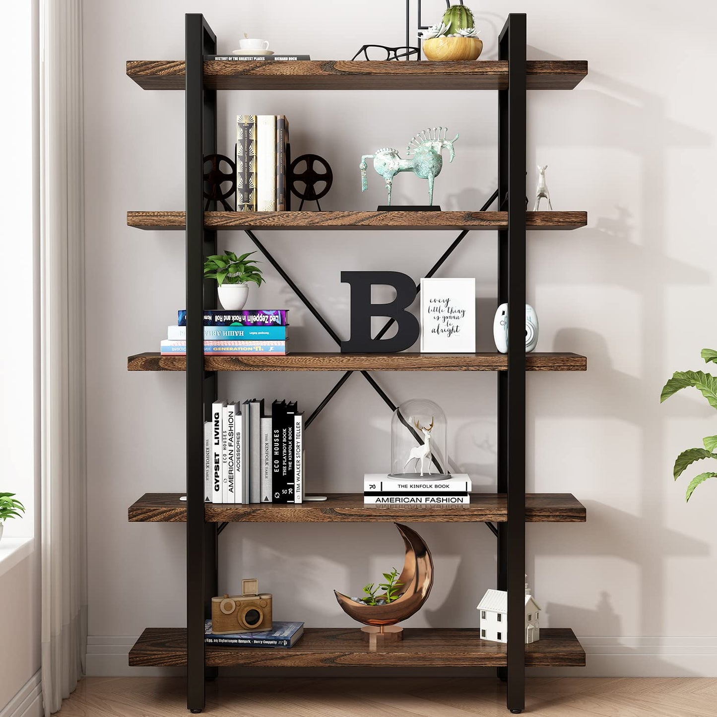 5-Tier Industrial Style Solid Wood Bookcase and Book Shelves,Rustic Wood and Metal Shelving Unit, Living Room,Modern Rustic Open Industrial Book Shelf Office,Distressed Brown (AY-02-5Tier)