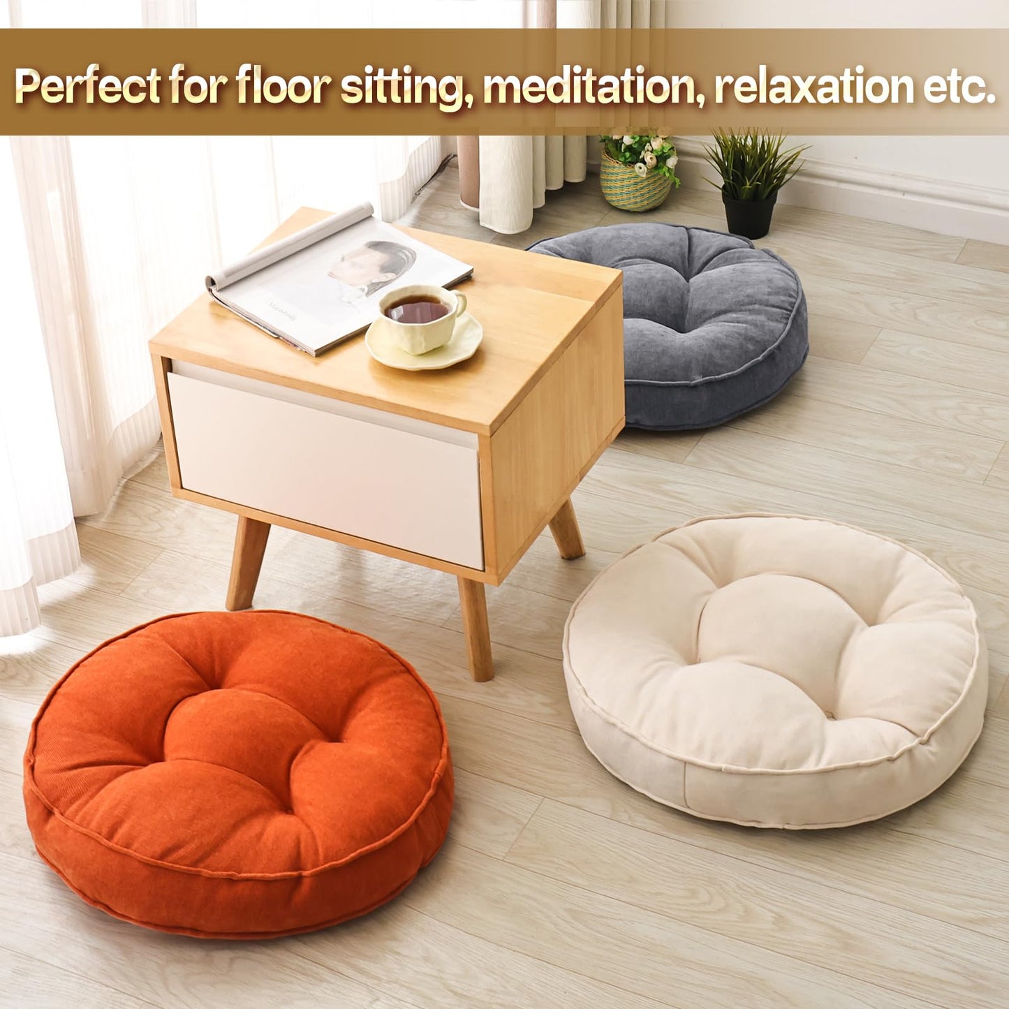 1 MIDDLE ONE Floor Pillow Set of 2, Memory Foam Floor Cushions for Adults, Large Round Meditation Pillow for Sitting, 22 x 22 Inches (Round | Beige)
