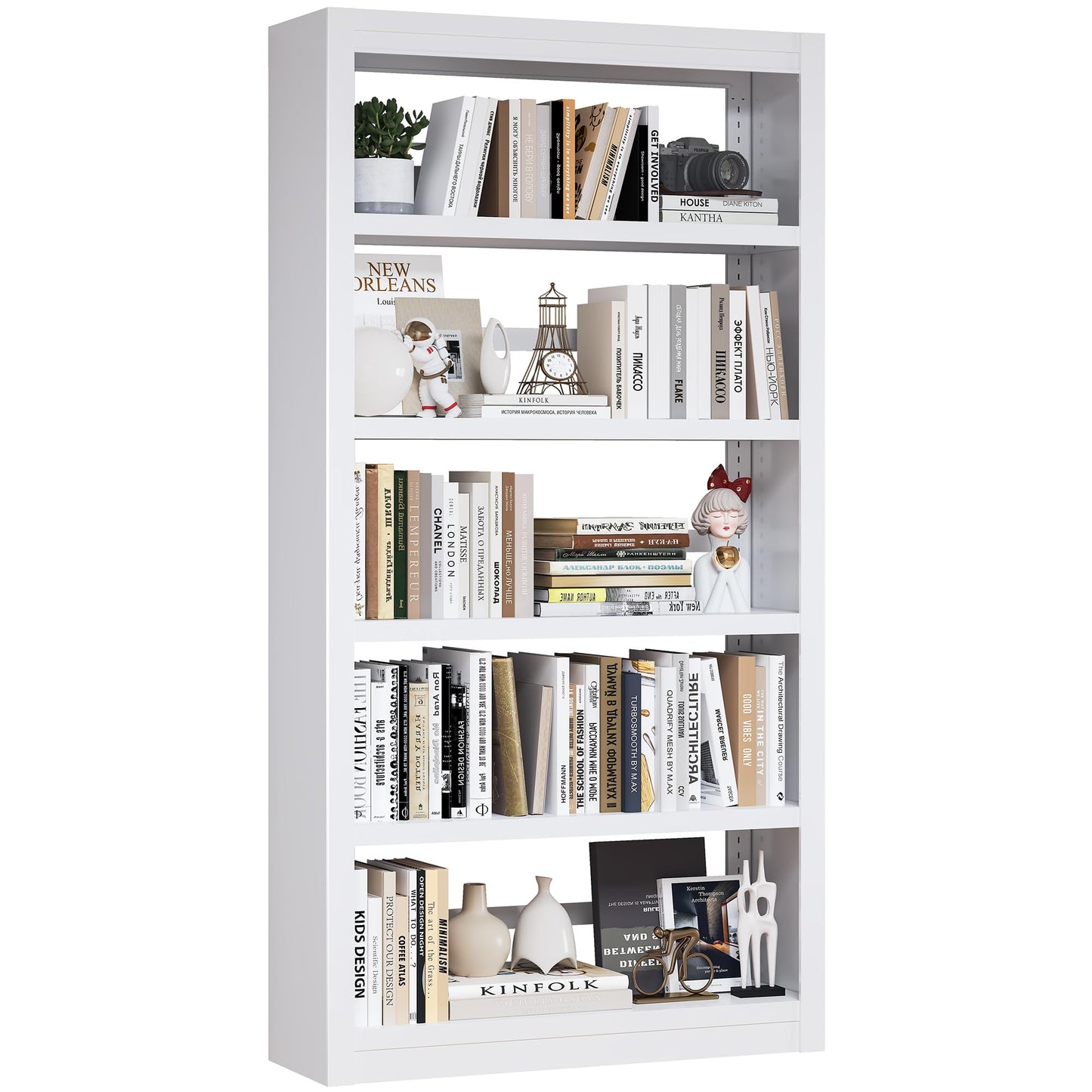 White Bookshelf, Adjustable 5 Tier Bookshelf, 69" H Modern Tall Bookcase, Metal Industrial Bookshelves and Bookcases for Living Rooms, Home Offices, Library, 10 Minutes Assemble