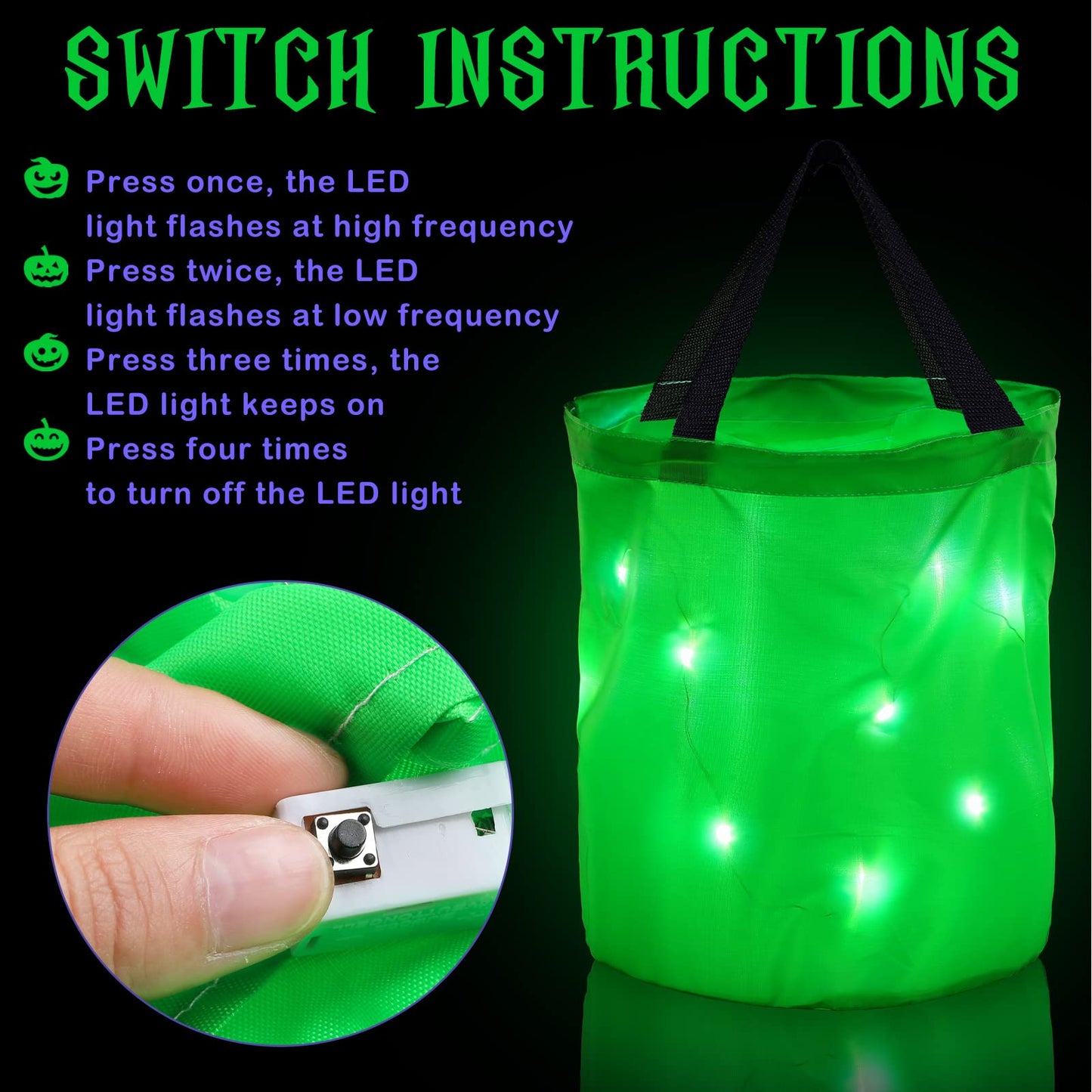 2 Pieces LED Light Halloween Candy Bags Light Up Halloween Party Bags Multipurpose Reusable Halloween Bucket Trick or Treat Bags for Halloween(Green)
