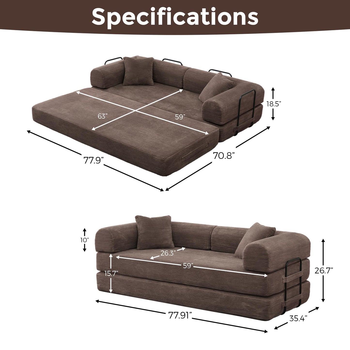 VYNELITO Comfy Convertible Sleeper Floor Sofa Bed, Corduroy Folding Mattress Couch with Fixed-Shape Frame, Floor Sofa with Armrest, Lounge Couch for Living Room Bedroom Lounge Studio,Brown