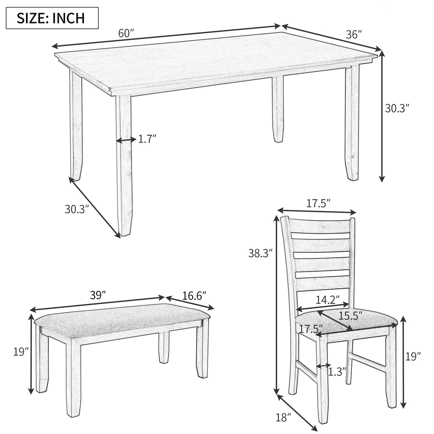 6-Piece Dining Table Set with Bench for 6 Rectangular Kitchen Table Set with 4 Chairs & Bench Retro Dining Room Table and Chairs for Kitchen, Dining Room (Natural)