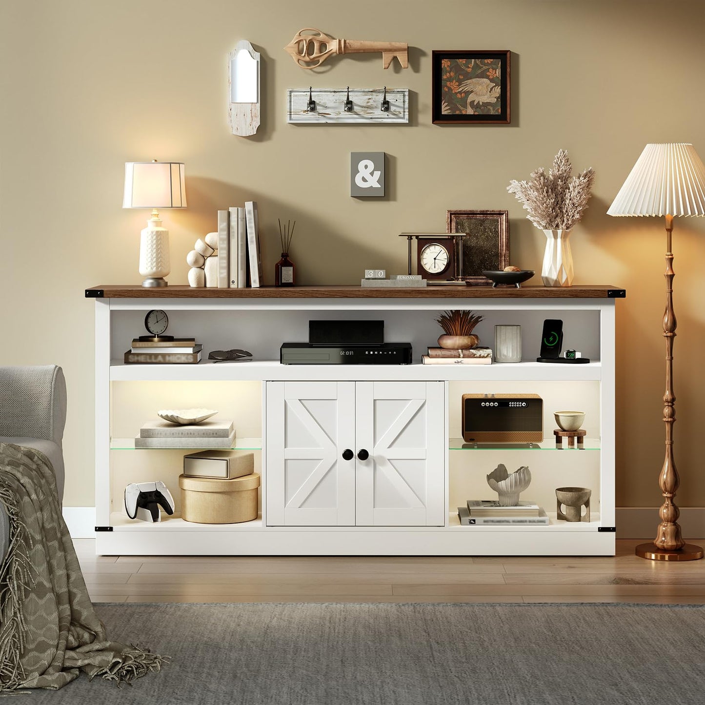 YATINEY Farmhouse TV Stand for 65 Inch, Entertainment Center with Sensor LED Light, Media TV Console Table with Storage Cabinet and Glass Shelves, for Living Room, Bedroom, White and Walnut DS06WN