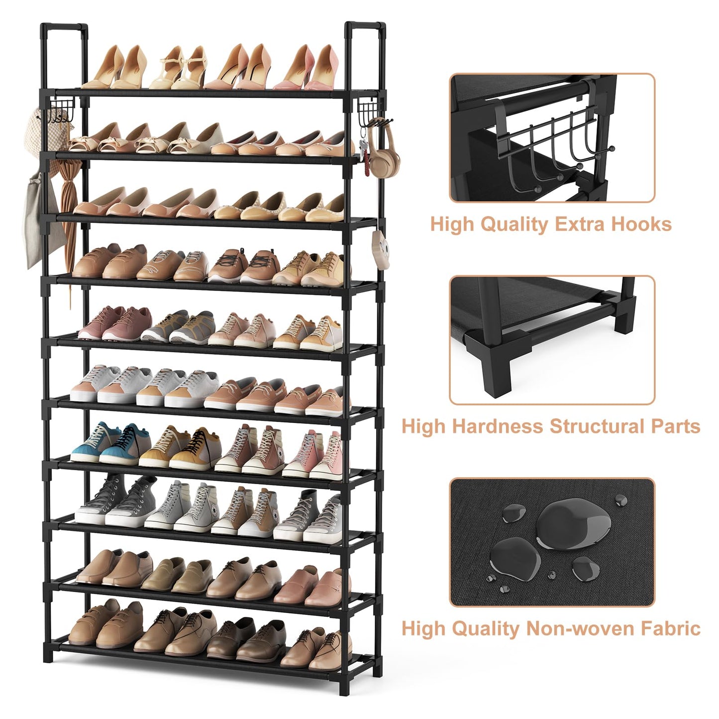 VTRIN 10-Tier Shoe Rack - Large Capacity 50 Pair Organizer with Two Hooks - Sturdy Metal Shoe Shelf for Entryway, Closet, Bedroom