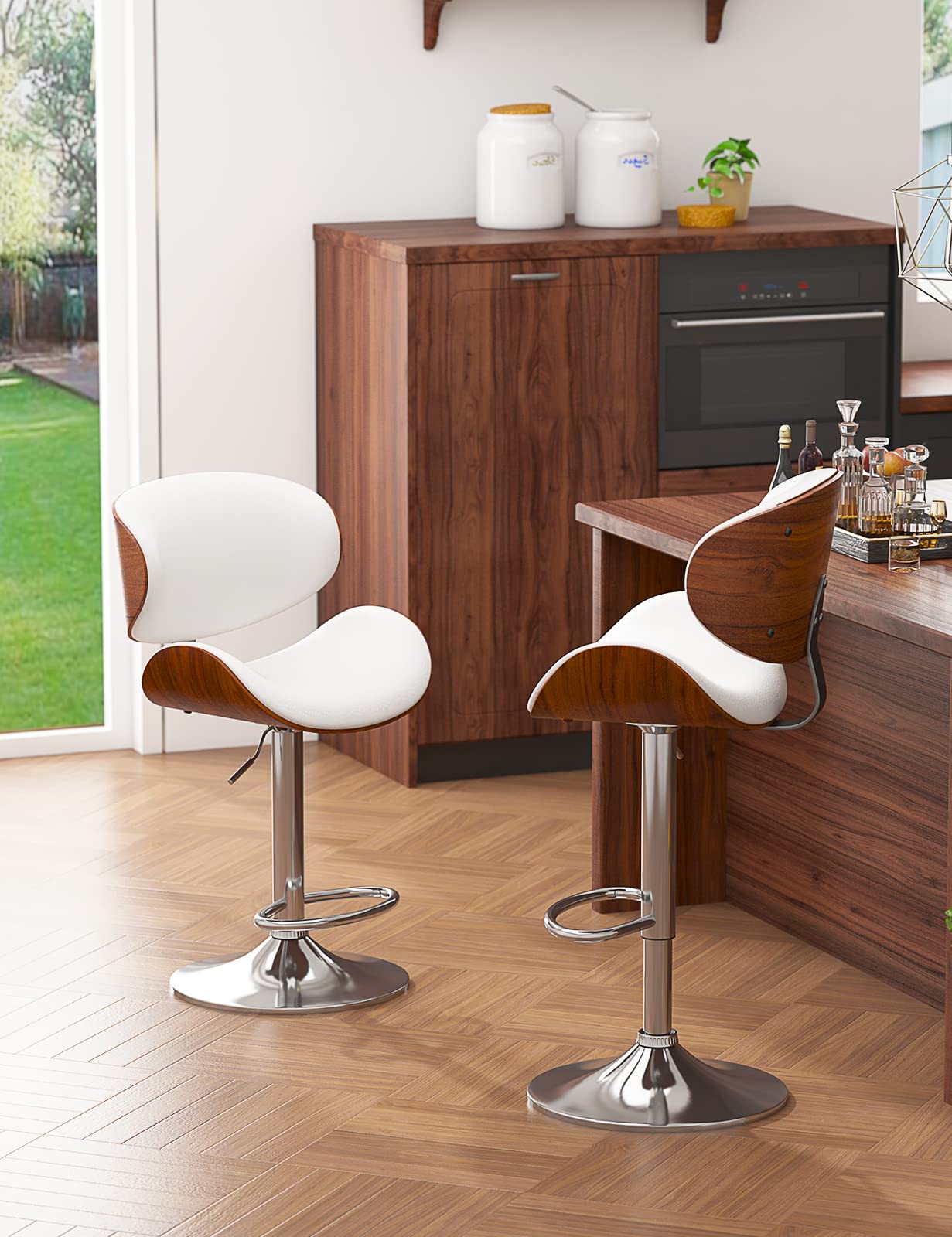 YaFiti Bar Stools Set of 4, Modern Pu Leather Swivel Adjustable Bar Stool Counter Height Stool Set, Bar Chair with Back and Footrest for Kitchen, Dining Room, White
