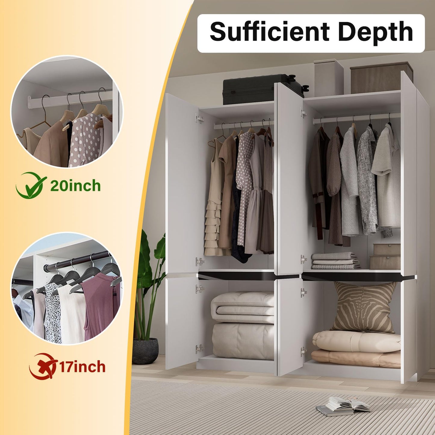 Wakefit 4 Doors Armoire Wardrobe Closet with Mirror, Wooden Bedroom Armoires with Hanging Rod, Freestanding Wardrobe Cabinet for Bedroom, Guest Room, White(20.47" D x 63" W x 74" H)