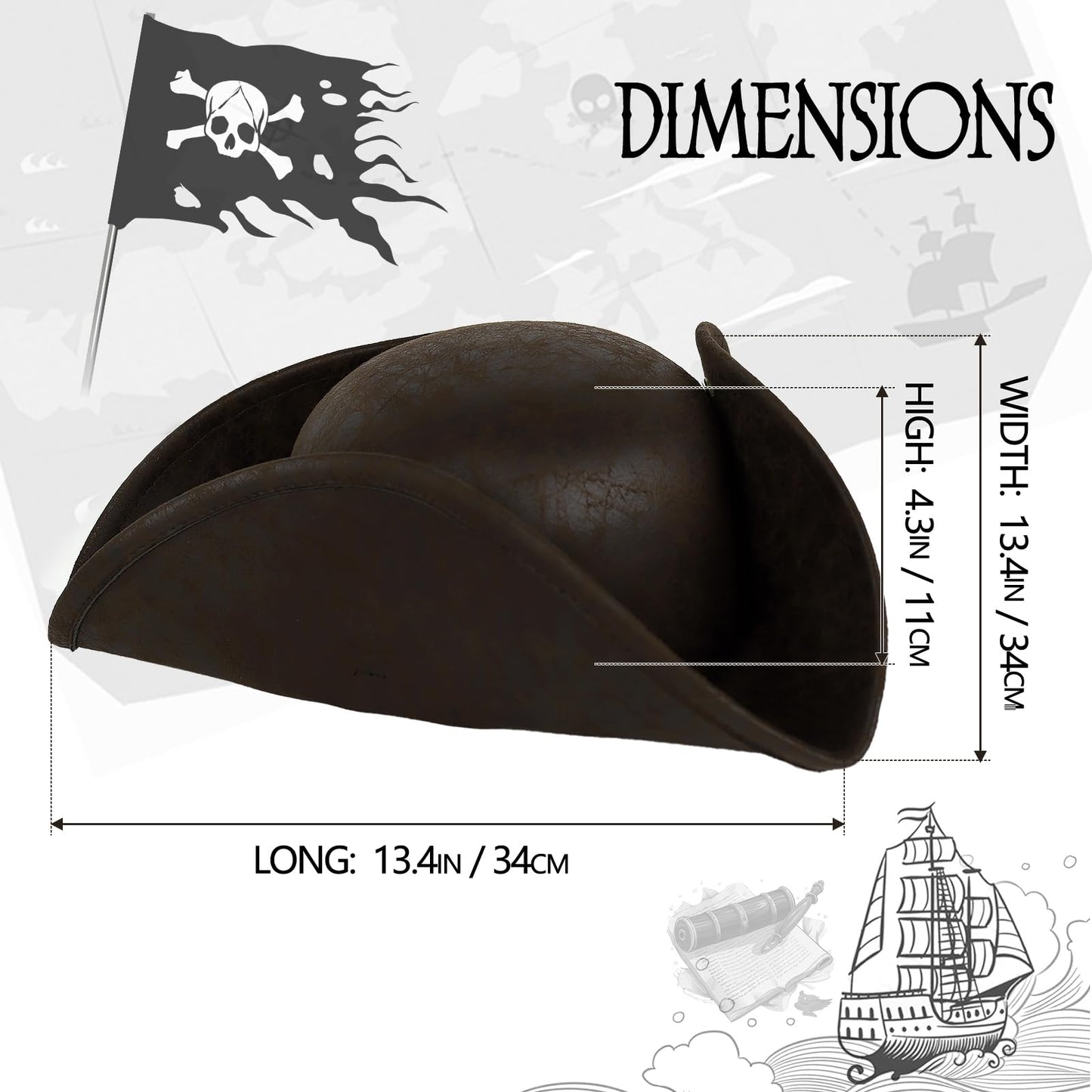 VZQI Pirate Hat Distressed Colonial Style Tricorn Hat for Adult Halloween Costume Accessory Pro