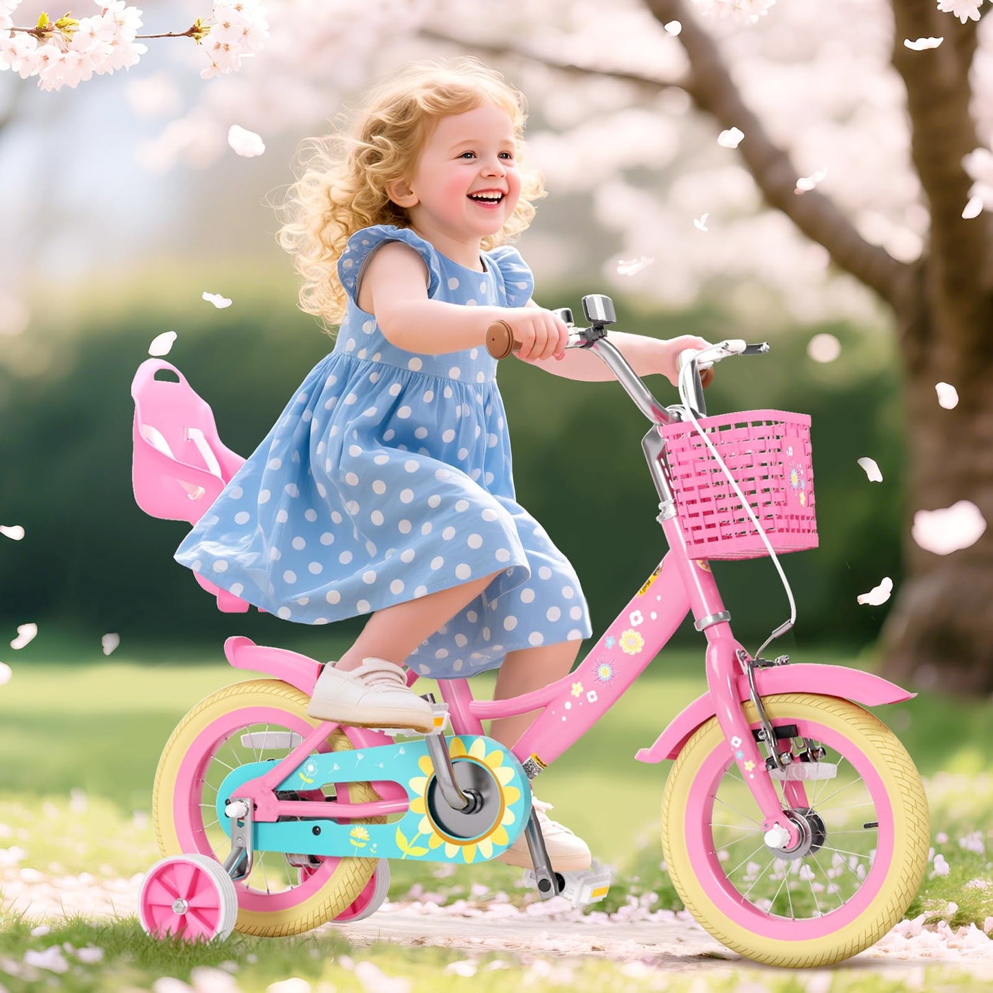 XJD Girls Bike for Toddlers and Kids Ages 2-12 Years Old,12 14 16 Inch Kids Bike with Training Wheels & Basket (12 Inch with Training Wheels, Flower Pink)