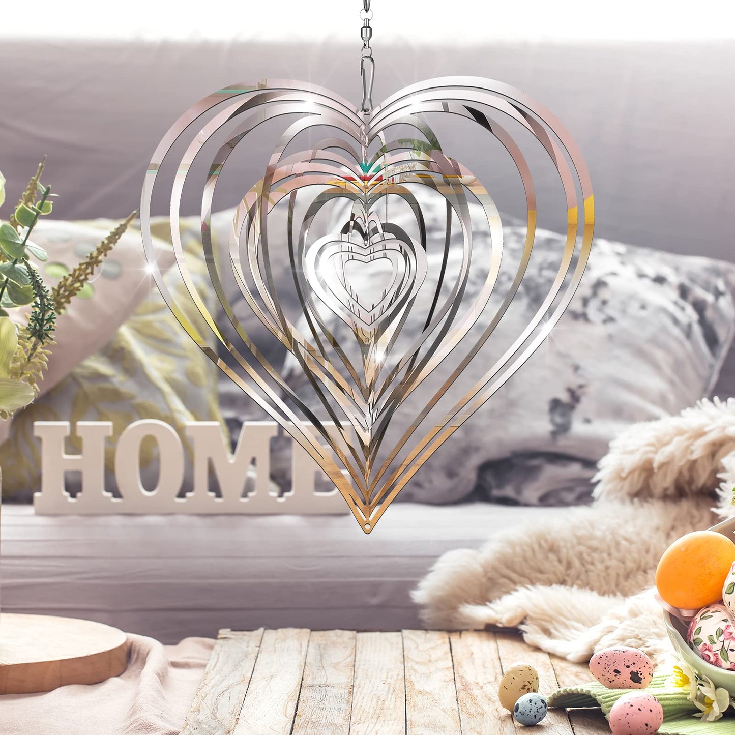 2 Pieces Heart Wind Spinner Outdoor Metal 3D Hanging Flowing Stainless Steel Mirrored Patio Wind Chime Decor for Yard Garden Balcony Women (Silver)