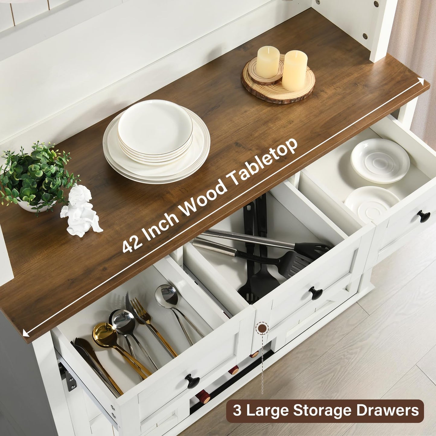 72" Farmhosue Coffee Bar Cabinet with Storage Shelves and 3 Drawers, Kitchen Hutch Storage Cabinet with Sliding Barn Door & Wine Racks & Wine Glass Holder, Bar Cabinets for Home/Living Room, White