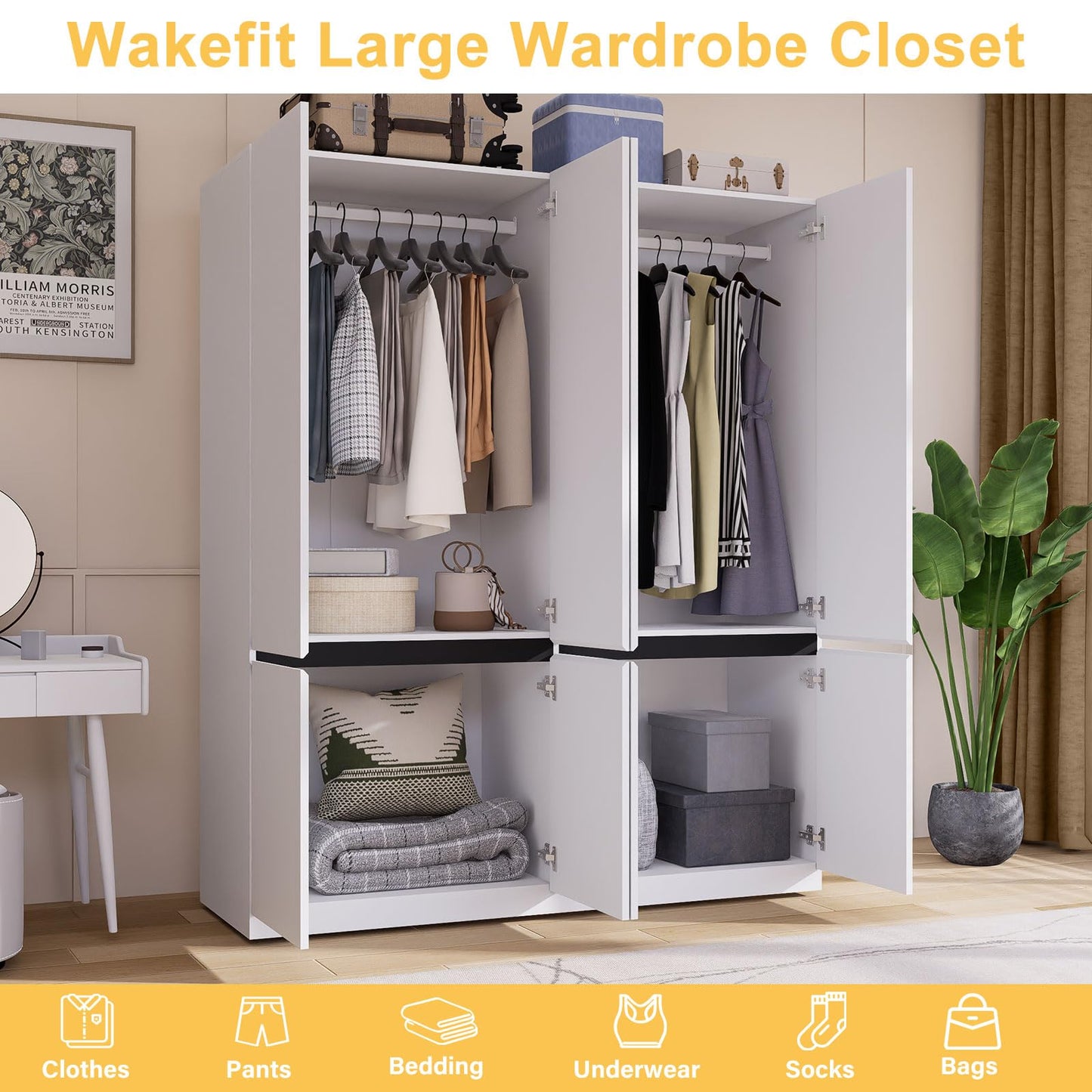Wakefit 4 Doors Armoire Wardrobe Closet with Mirror, Wooden Bedroom Armoires with Hanging Rod, Freestanding Wardrobe Cabinet for Bedroom, Guest Room, White(20.47" D x 63" W x 74" H)