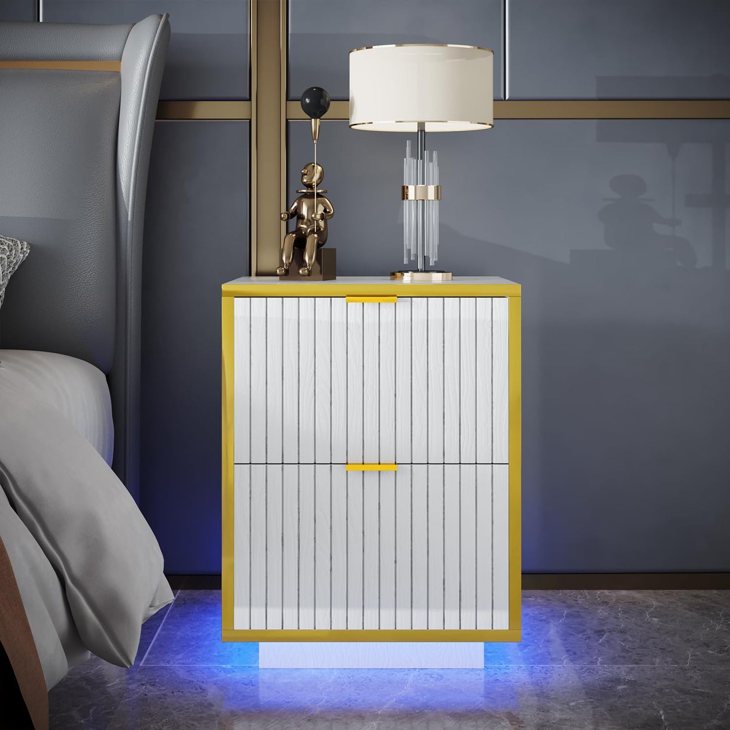 White and Gold Nightstand with 2 Fluted Drawers, 18 Inch Night Stand with Storage, White Night Stand with Golden Handles, Mid Century Modern Nightstand for Bedroom,White and Gold