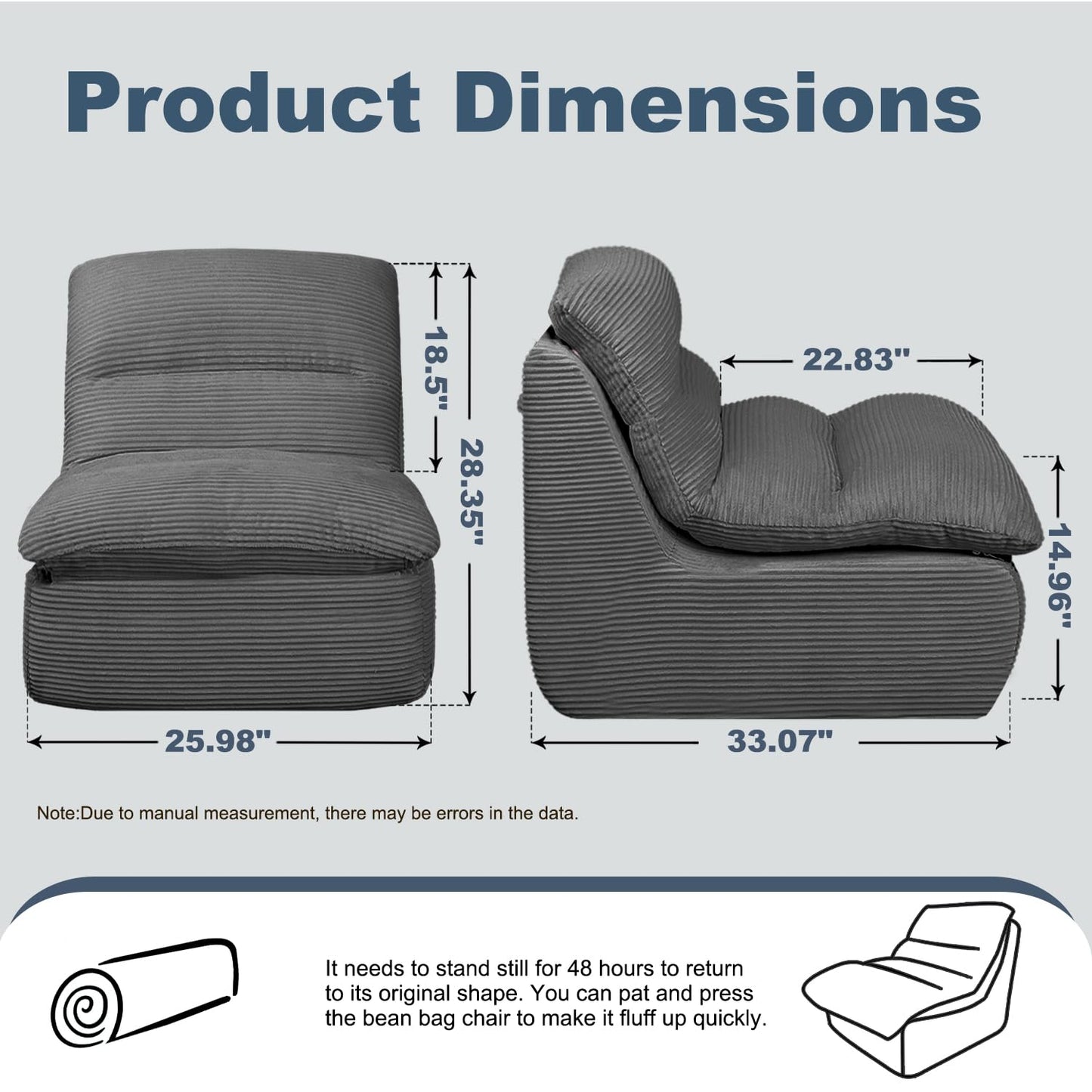 Vonesse Bean Bag Chair, Double-Layered Bean Bag Chair for Adults, Comfortable Memory Foam Bean Bag Sofa, Corduroy Bean Bag Couches for Living Room Bedroom (Dark Grey)