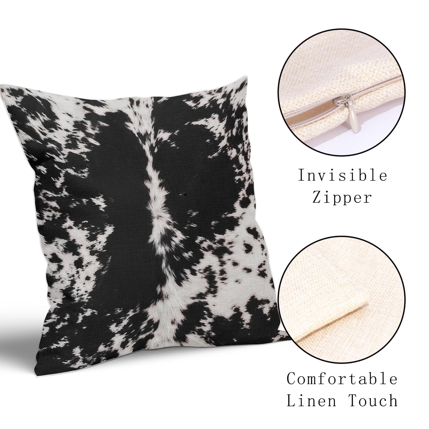 Western Cowhide Print Pillow Covers 18X18 Inch Set of 2 Black White Cow Spots Decorative Pillow Cases Farmhouse Pillowcase Cotton Linen Cushion Case Rustic Home Decor for Couch Sofa Porch Outdoor