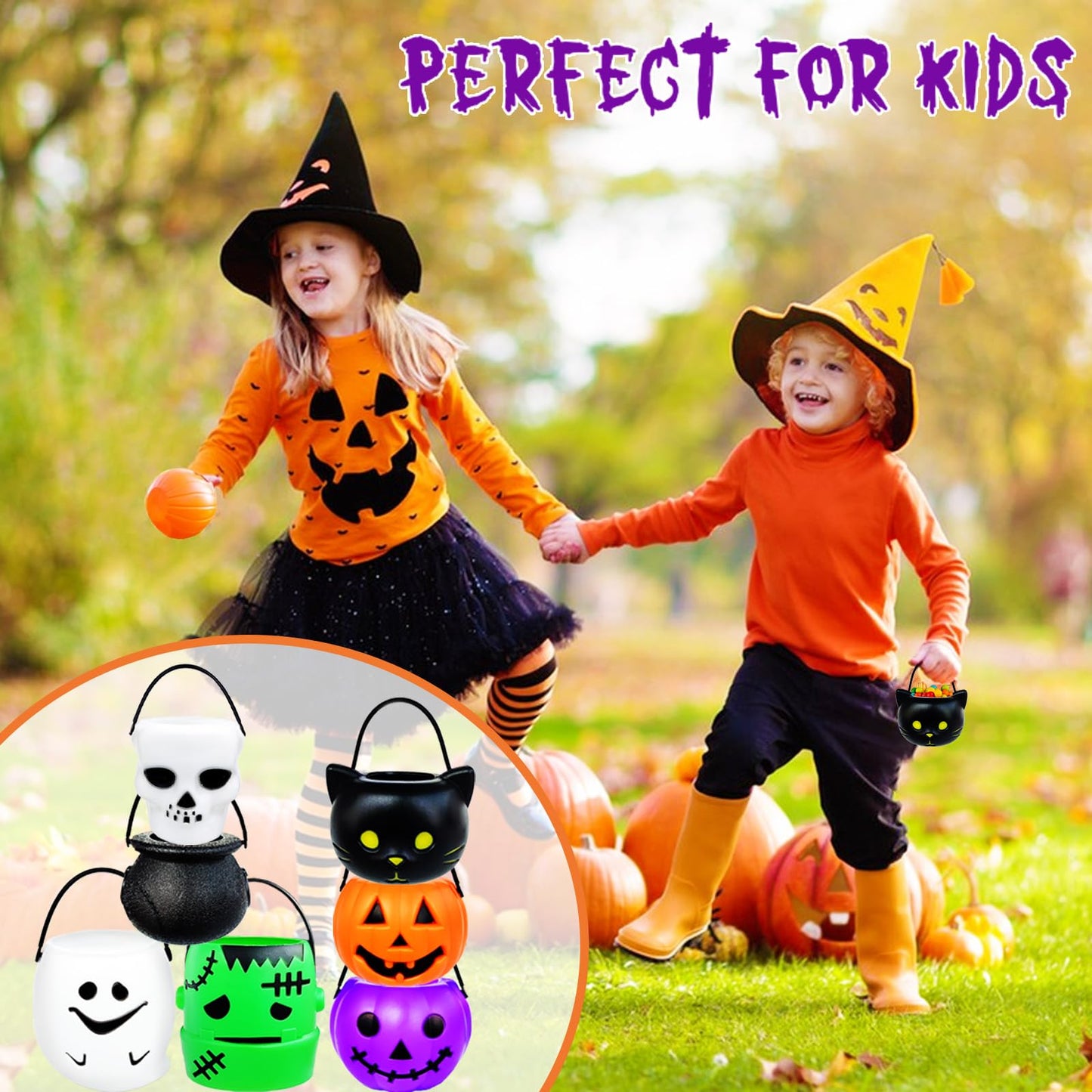 14 PCS Mini Halloween Candy Holder,Portable Pumpkin Ghost Cauldron Bucket with Candy Bags Black Wire Ties Halloween Party Supplies for Kids,Trick or Treat