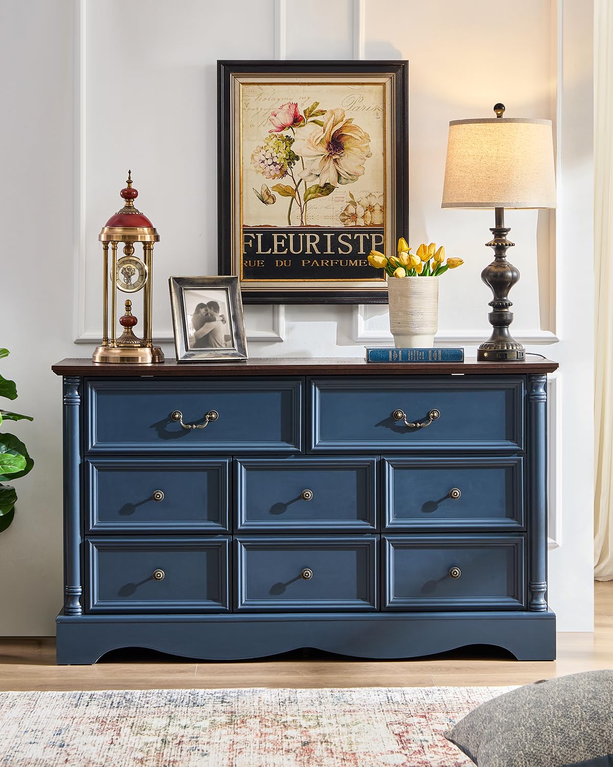 8 Drawers Dresser, 54" Wide Farmhouse Chest of Drawers with Charging Station, Refined Blue Finish Design, Modern Storage Dressers Organizer TV Stand for Bedroom, Living Room, Hallway, Indigo Blue