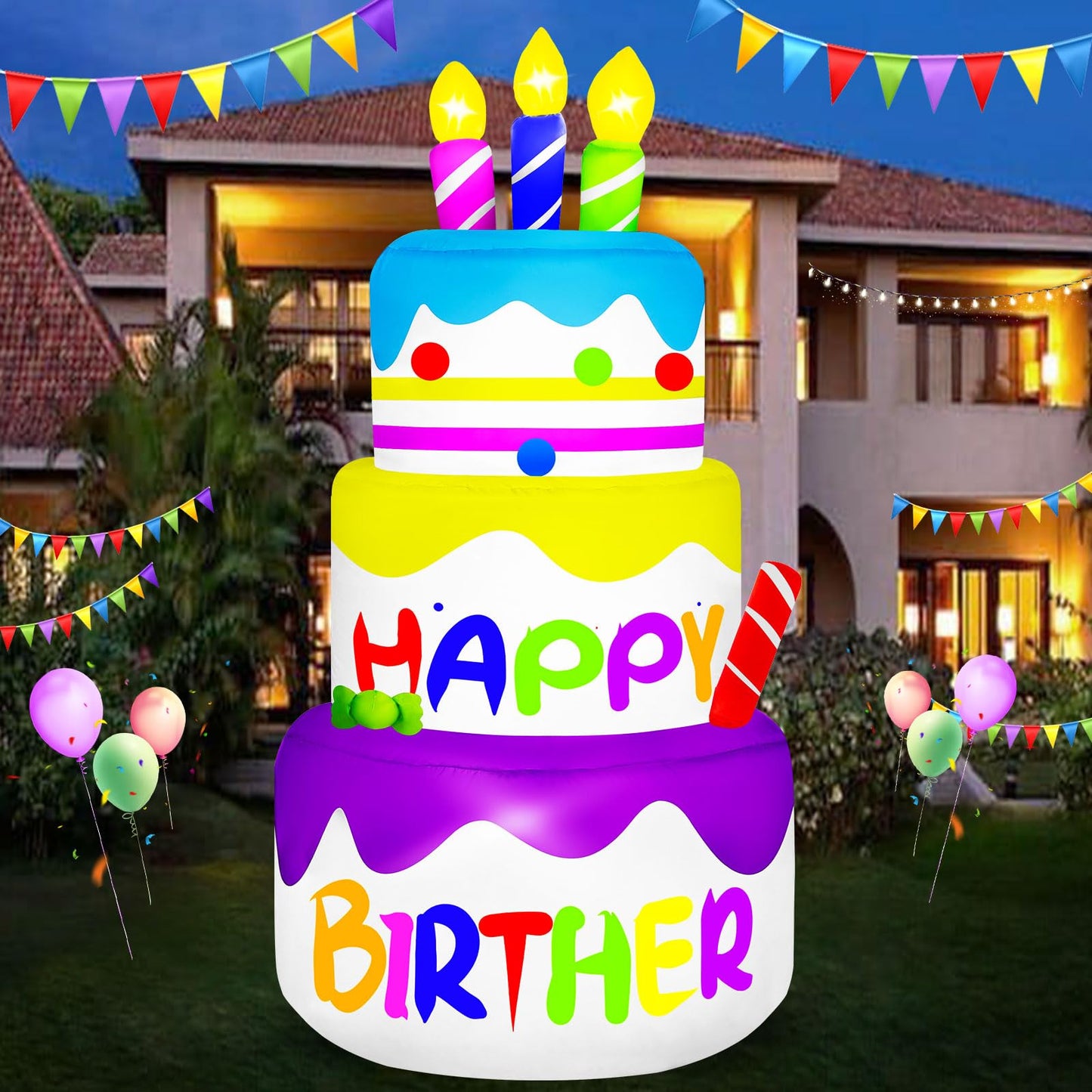 4 Ft Happy Birther Inflatable with 3 Candles Outdoor Decorations, Inflatable Cake with 6 LED Lights Happy Birther Blow Up for Indoor Home Holiday Party Patio Garden Yard
