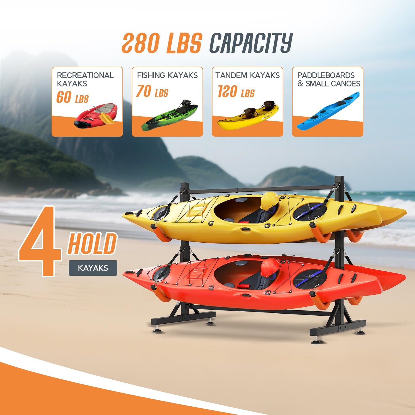 SPECRAFT Freestanding Kayak Storage Rack for 4 Kayaks, Adjustable Width Stand with Stable Base, 8 Elastic Ropes, EVA Tube Sleeves, for Indoor Outdoor Garage