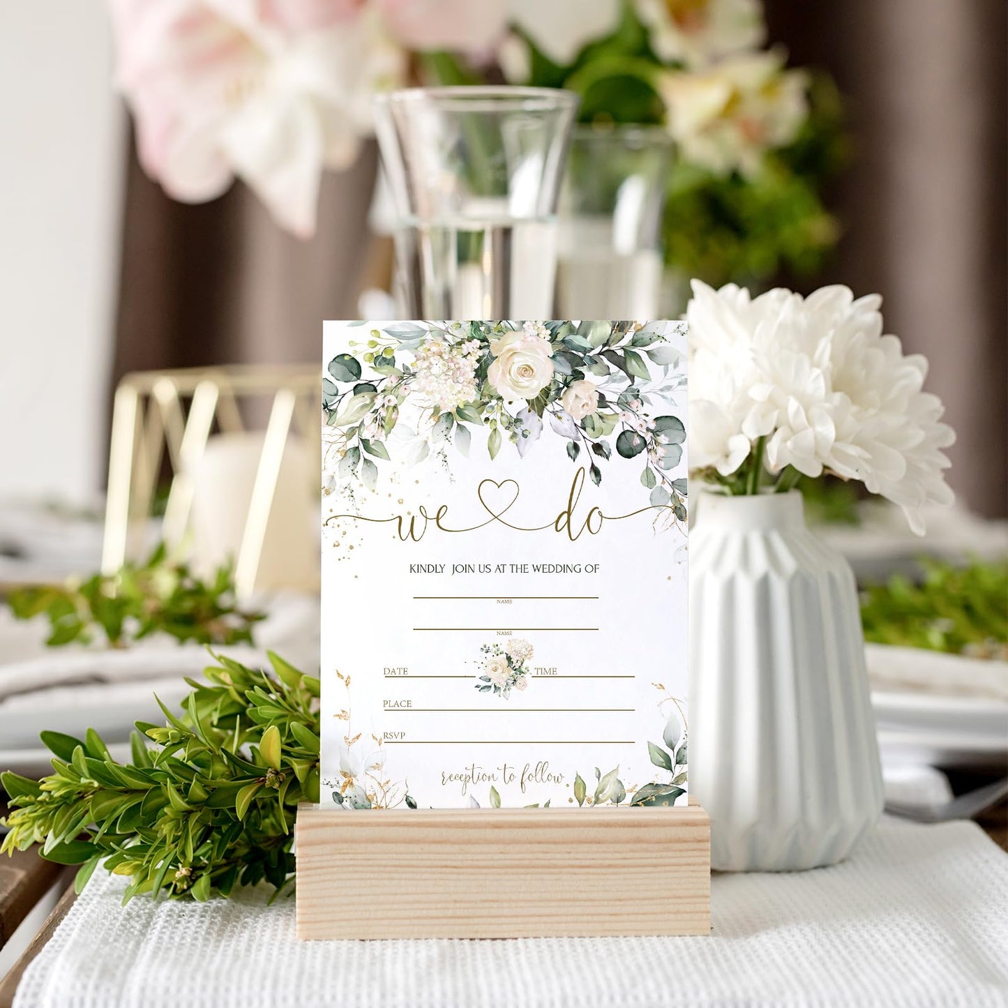 Whaline 25 Sets Greenery Floral Wedding Invitation with Envelopes Stickers Eucalyptus Leaves Blank Invites Cards for Bridal Shower, 5 x 7 Inch