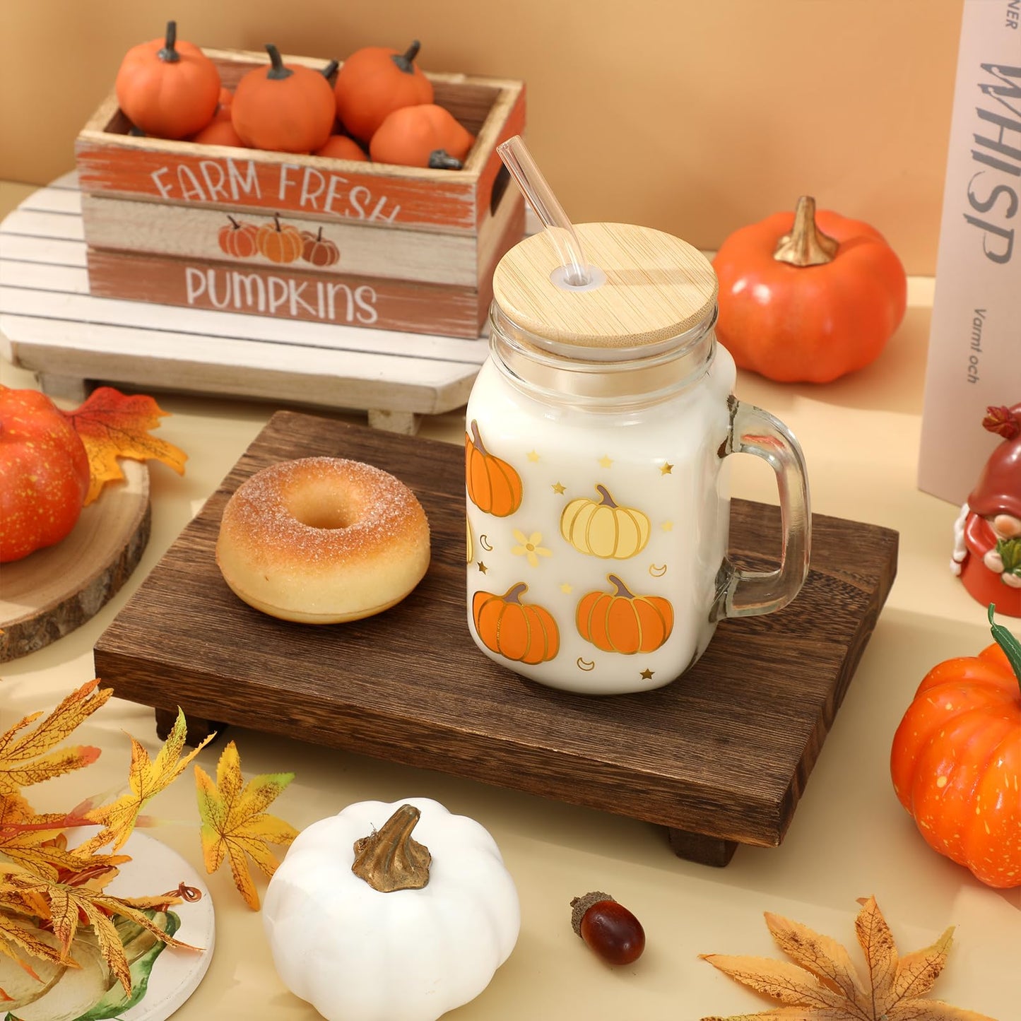 Whaline Fall Mason Jar Mug with Handle 18 oz Pumpkin Flower Star Mason Jar Drinking Glasses Orange Beige Pumpkin Ice Coffee Cups with Lid and Straw for Iced Coffee Tea Soda Cocktail Gifts