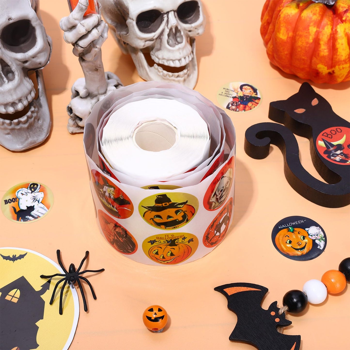 Whaline 1000Pcs Halloween Stickers Roll Retro Halloween Characters Decal Sticker Grimace Pumpkin Witch Ghost Pattern Sealing Labels Round Adhesive Sticker for Halloween Party Favors Decor, 14 Design