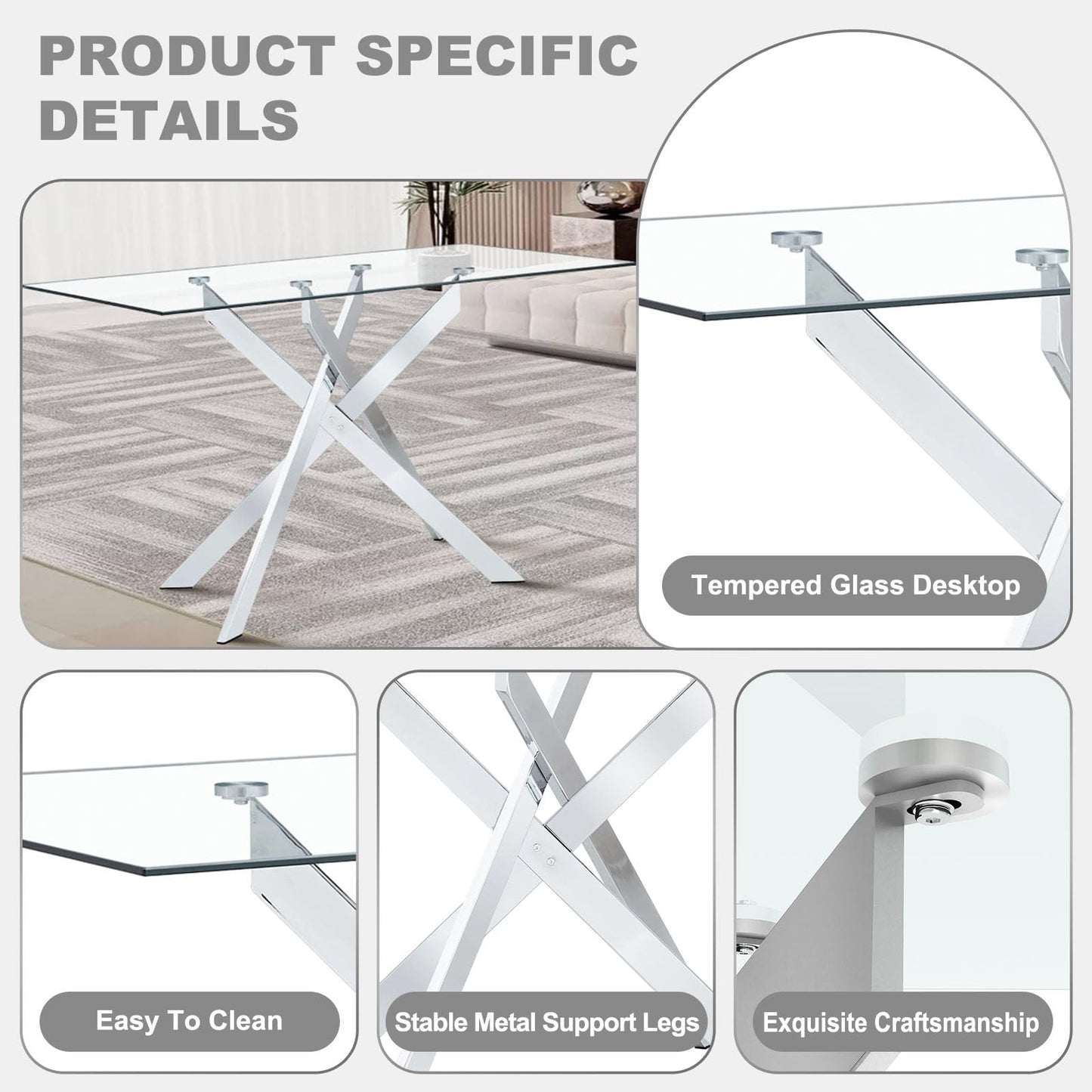 XUNGSUN 51 Inch Glass Dining Table Set for 4, Rectangular Glass Kitchen Table with 4 Upholstered Velvet Accent Chairs, 5 Piece Modern Dining Room Set, for Home, Apartment, Small Spaces - Grey Silver