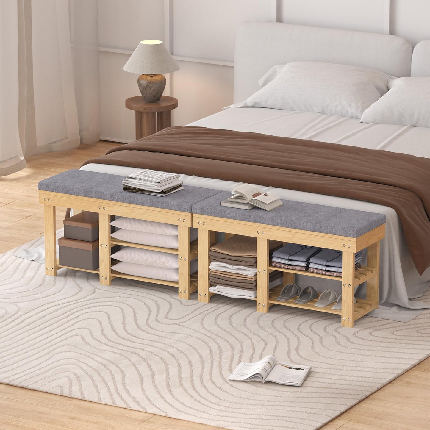 Xdwwhome Bamboo Shoe Bench, 2 Tier Storage Benches with Seat, Shoe Shelf with Cushion, Modern Entryway Bench for Living Room Bedroom Hallway Bathroom Garden, Capacity 330 lbs, Natural