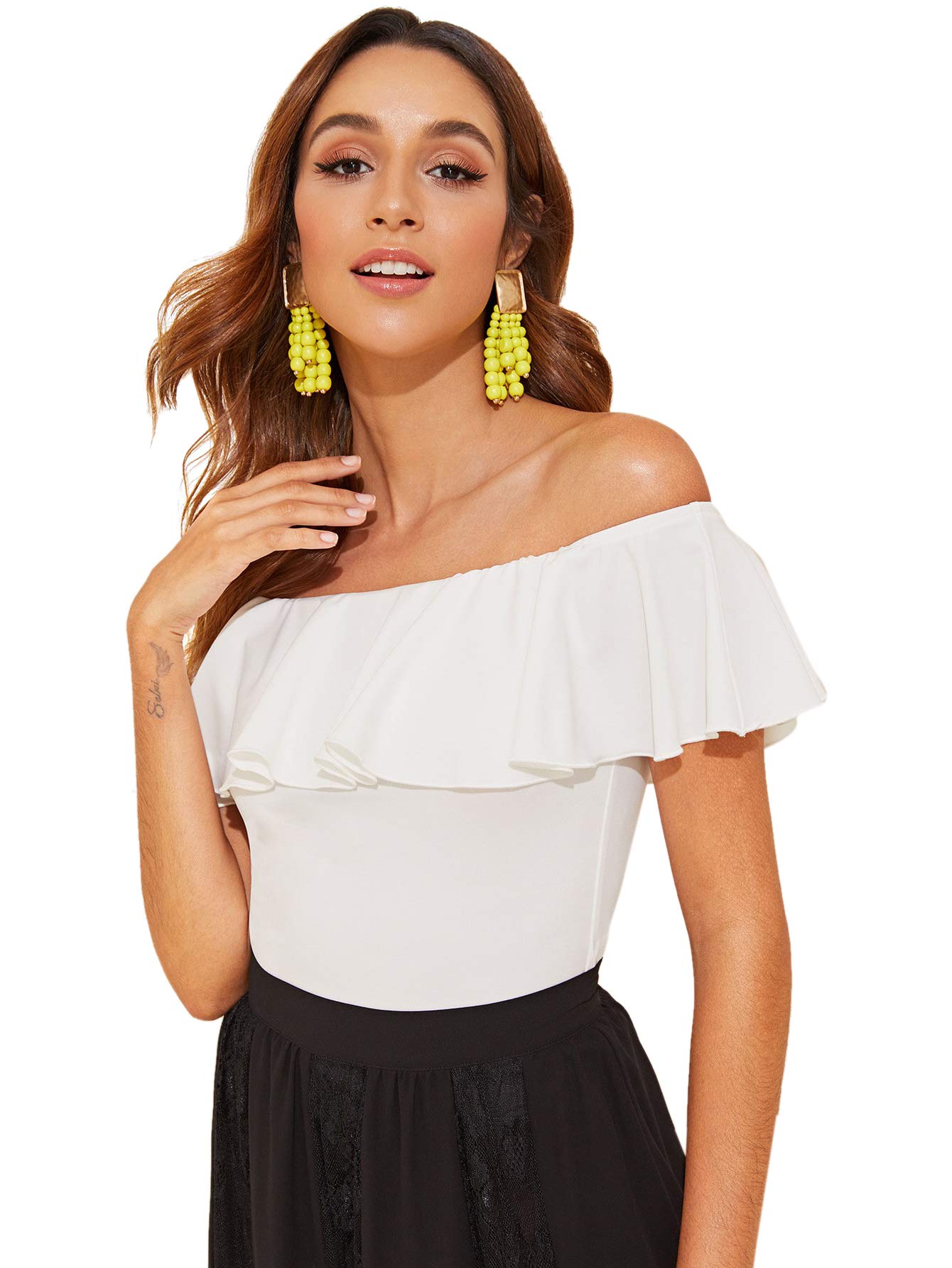WDIRARA Women's Stretchy Off Shoulder Flounce Sleeve Sexy Slim Blouse Tops Shirt White Medium